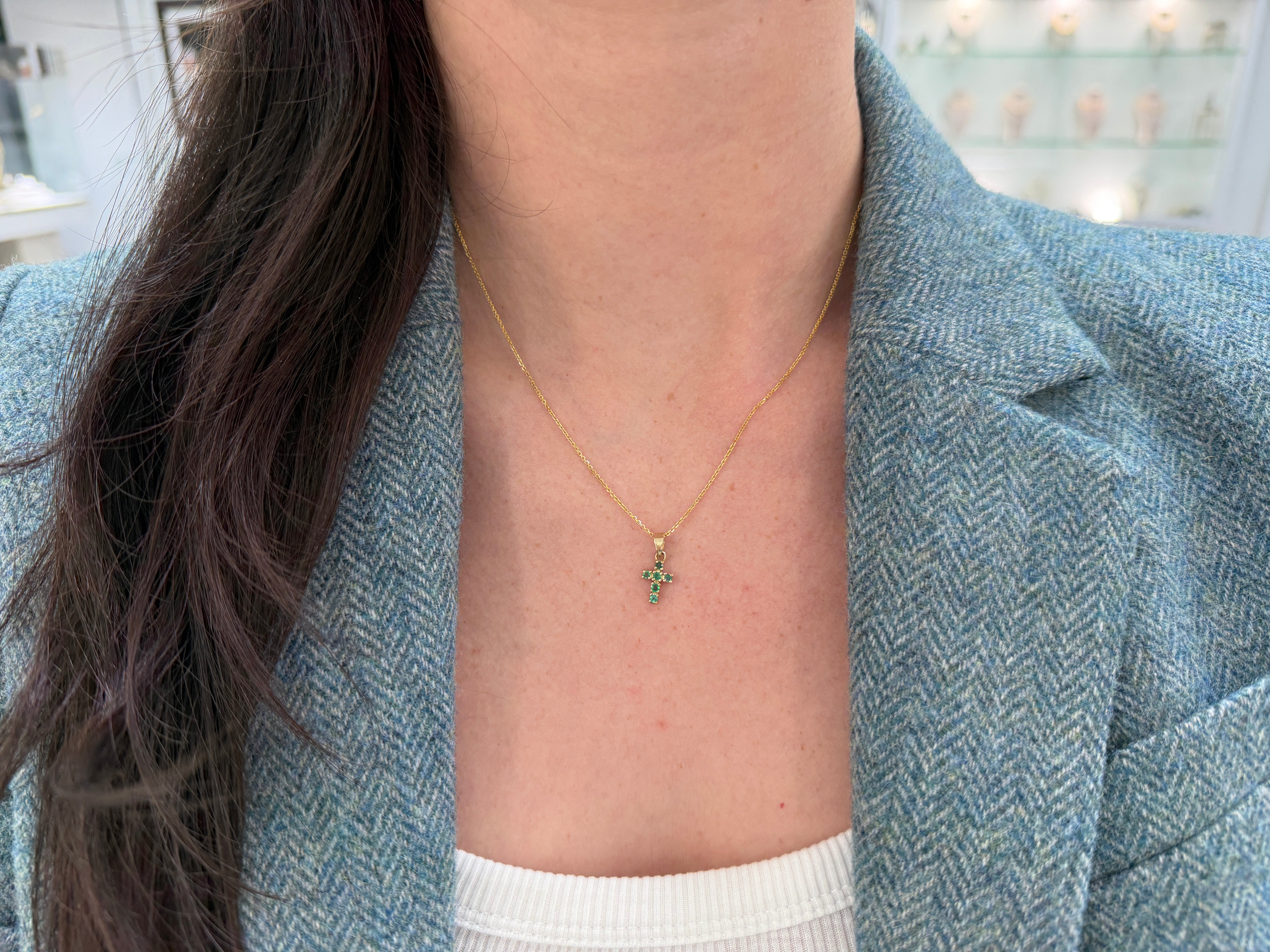 0.24tcw Petite Emerald Cross Necklace 14K - JR Colombian Emeralds