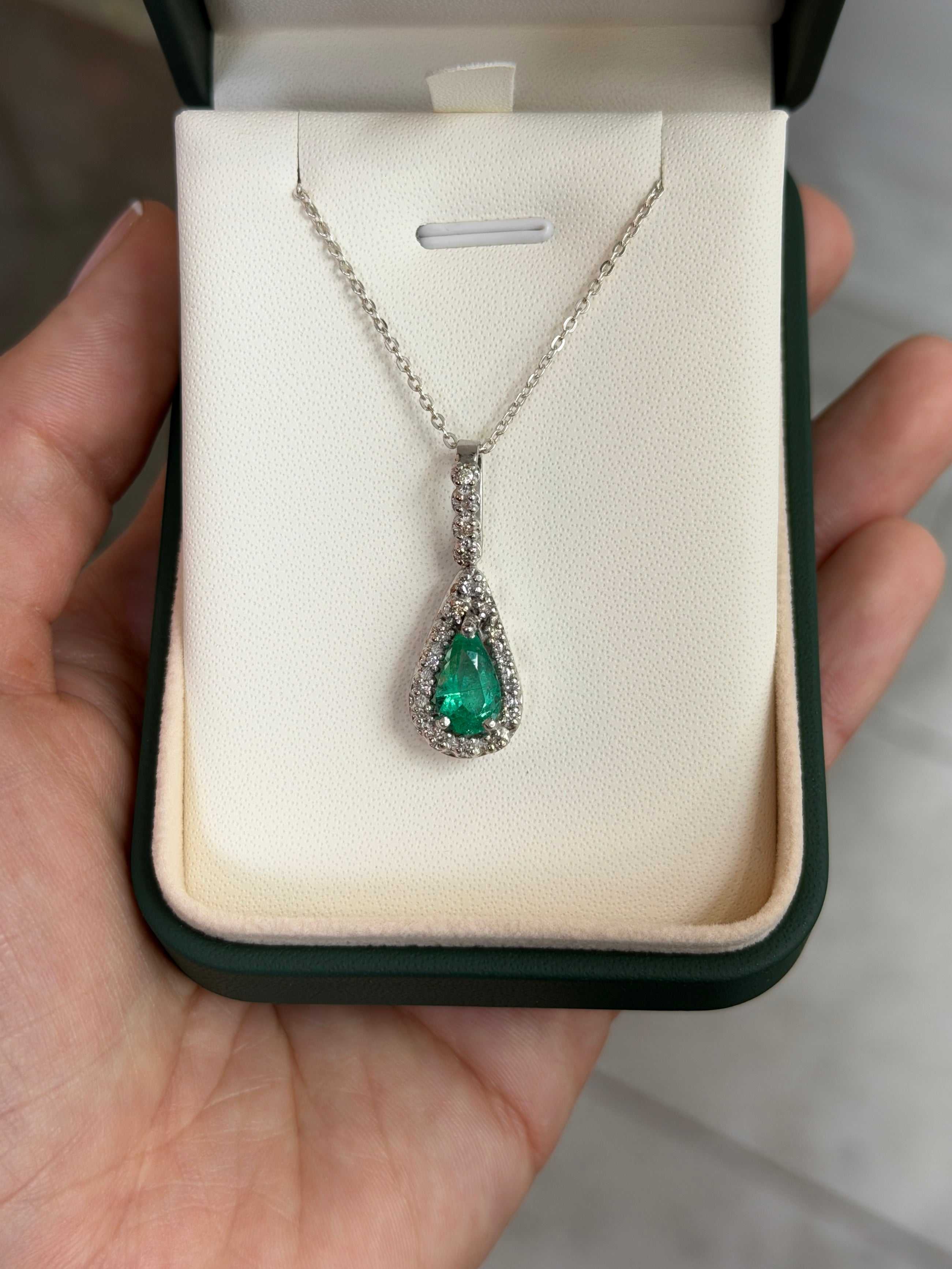 1.22tcw Organic- Hand Made 14K White Gold Colombian Emerald Pear & Diamond Halo Necklace - JR Colombian Emeralds