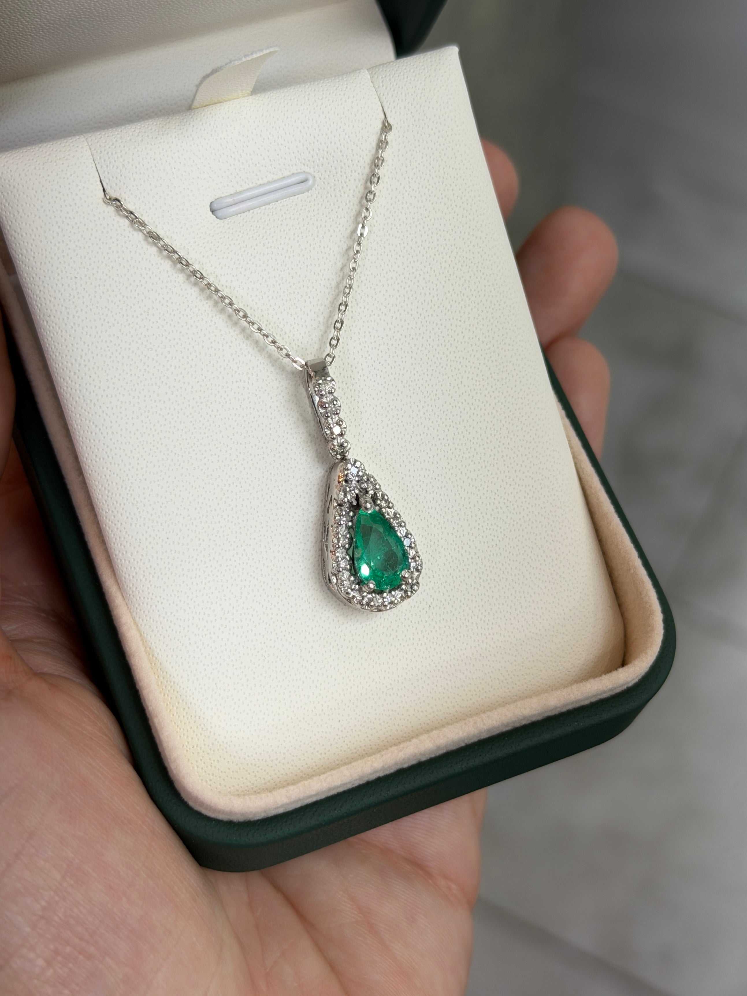 1.22tcw Organic- Hand Made 14K White Gold Colombian Emerald Pear & Diamond Halo Necklace - JR Colombian Emeralds