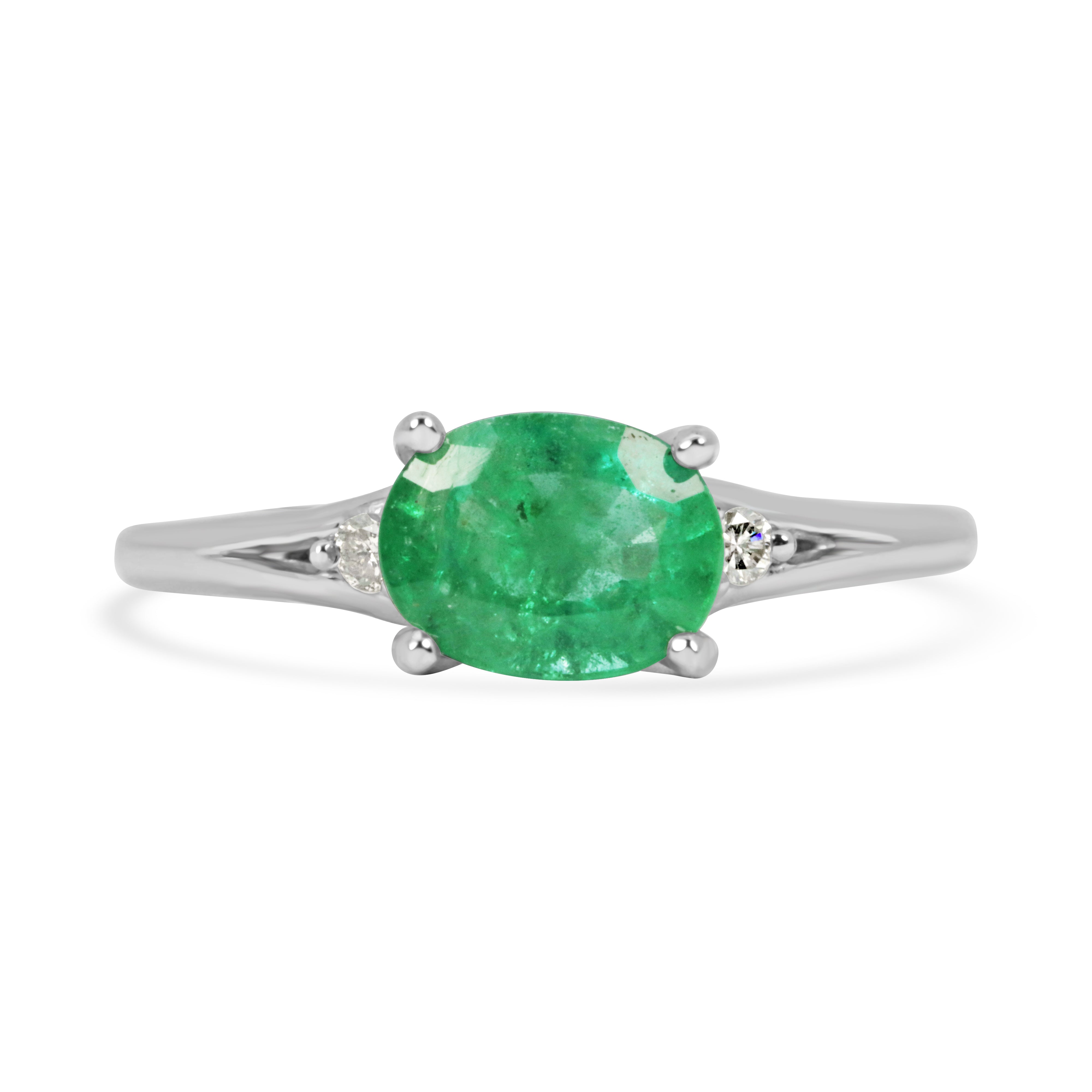 1.42tcw East to West Oval Emerald & Diamond Three Stone Ring 14K White