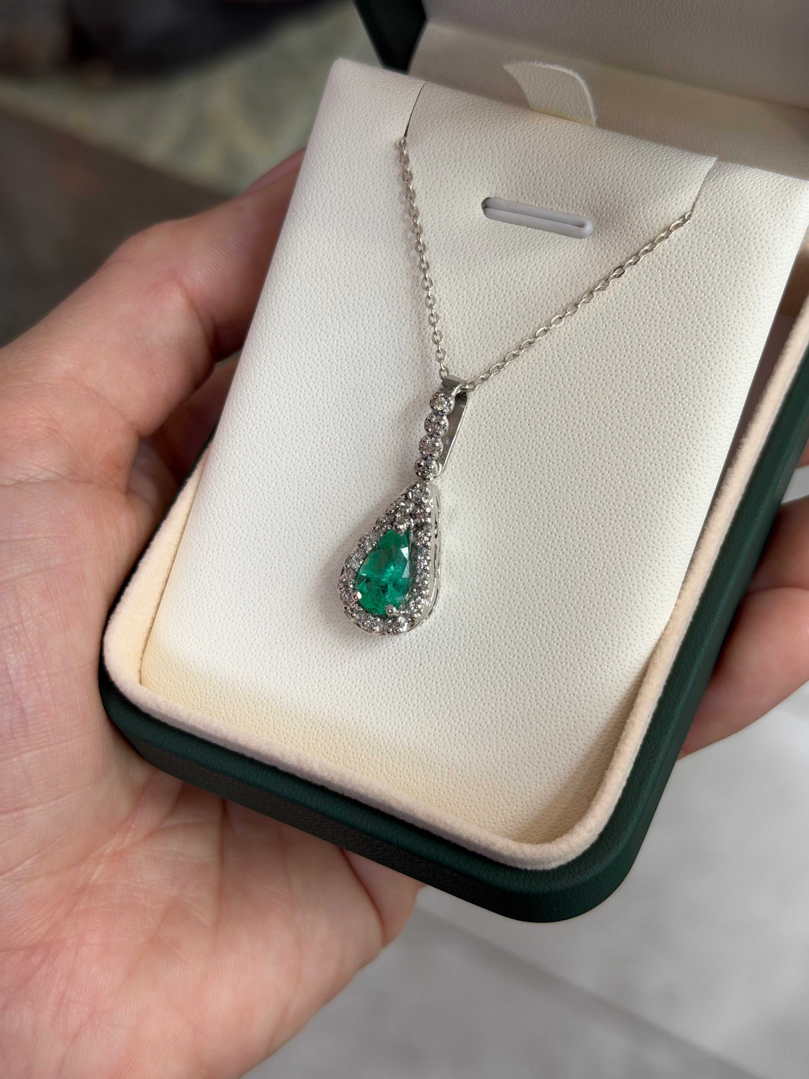 1.22tcw Organic- Hand Made 14K White Gold Colombian Emerald Pear & Diamond Halo Necklace - JR Colombian Emeralds