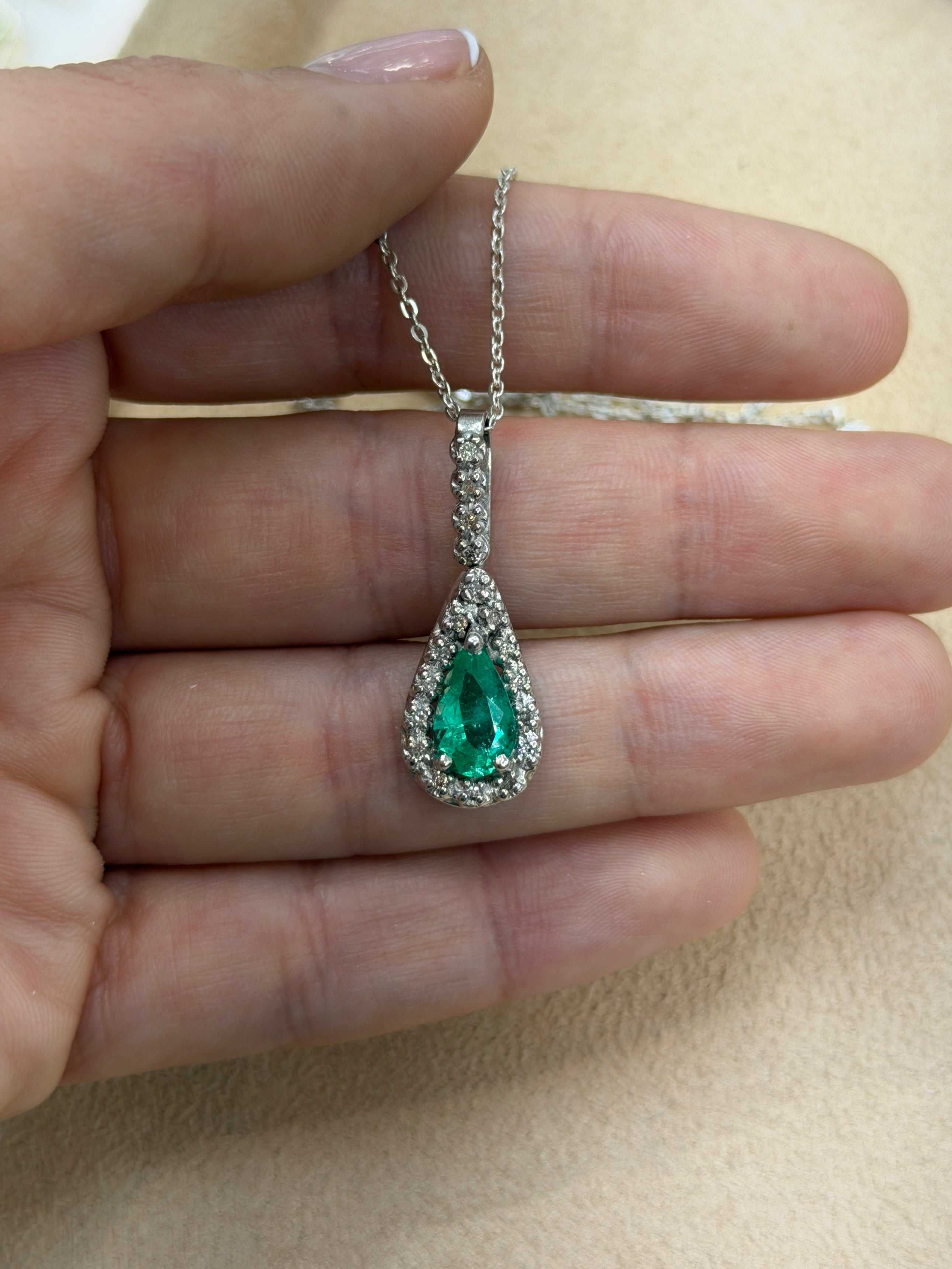 1.22tcw Organic- Hand Made 14K White Gold Colombian Emerald Pear & Diamond Halo Necklace - JR Colombian Emeralds