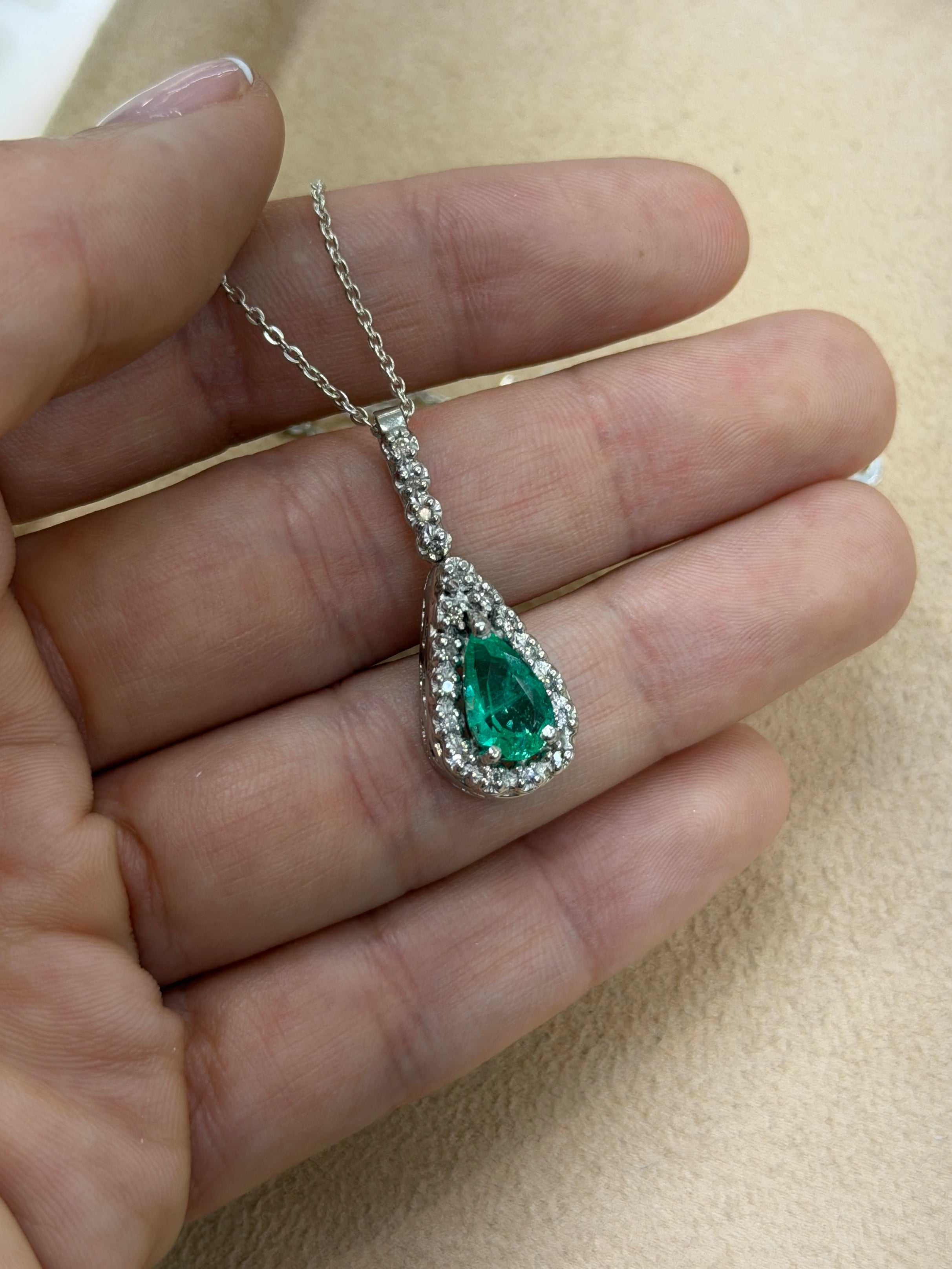 1.22tcw Organic- Hand Made 14K White Gold Colombian Emerald Pear & Diamond Halo Necklace - JR Colombian Emeralds