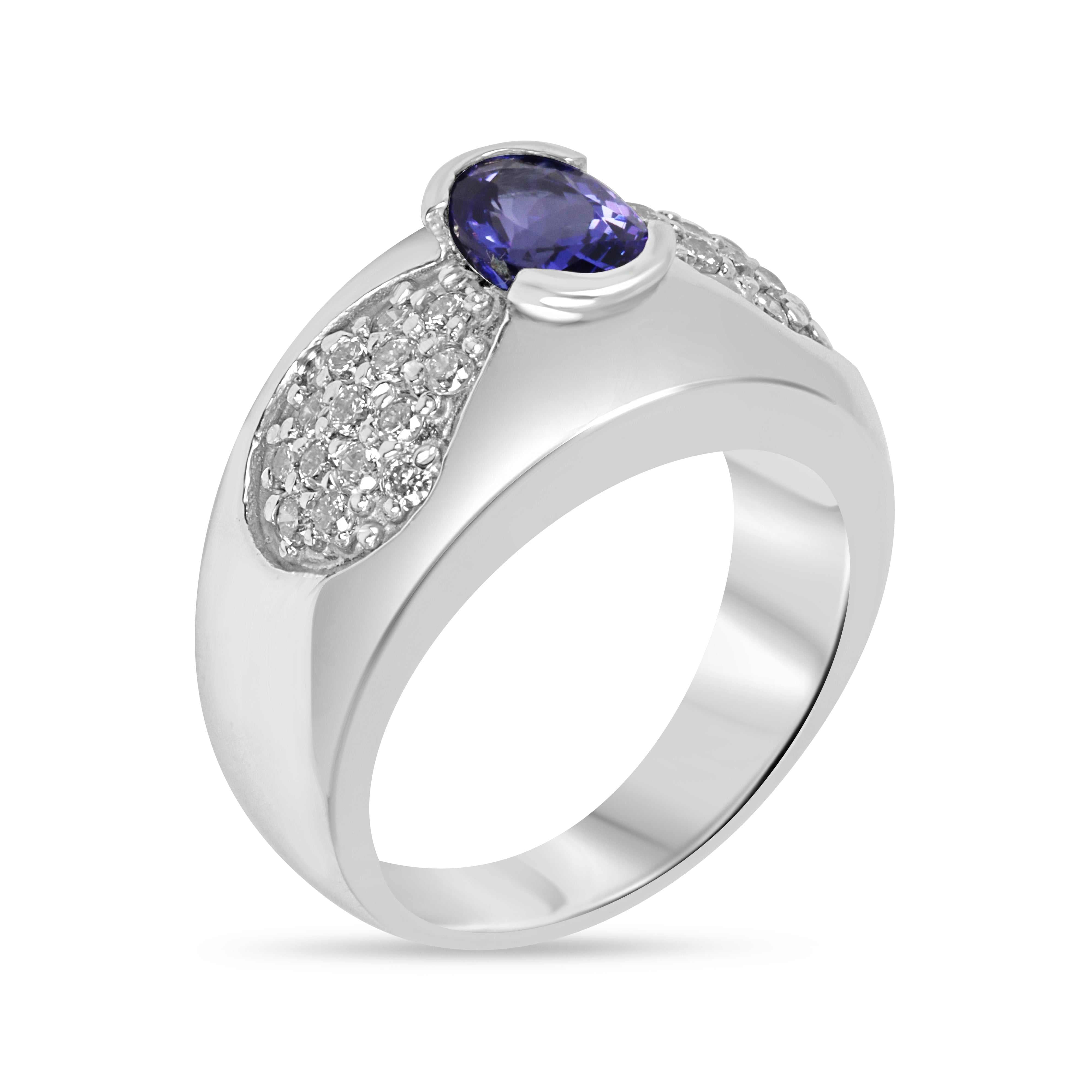 1.70tcw 14K Natural Oval Tanzanite & Diamond Pave Accent Band Ring - JR Colombian Emeralds