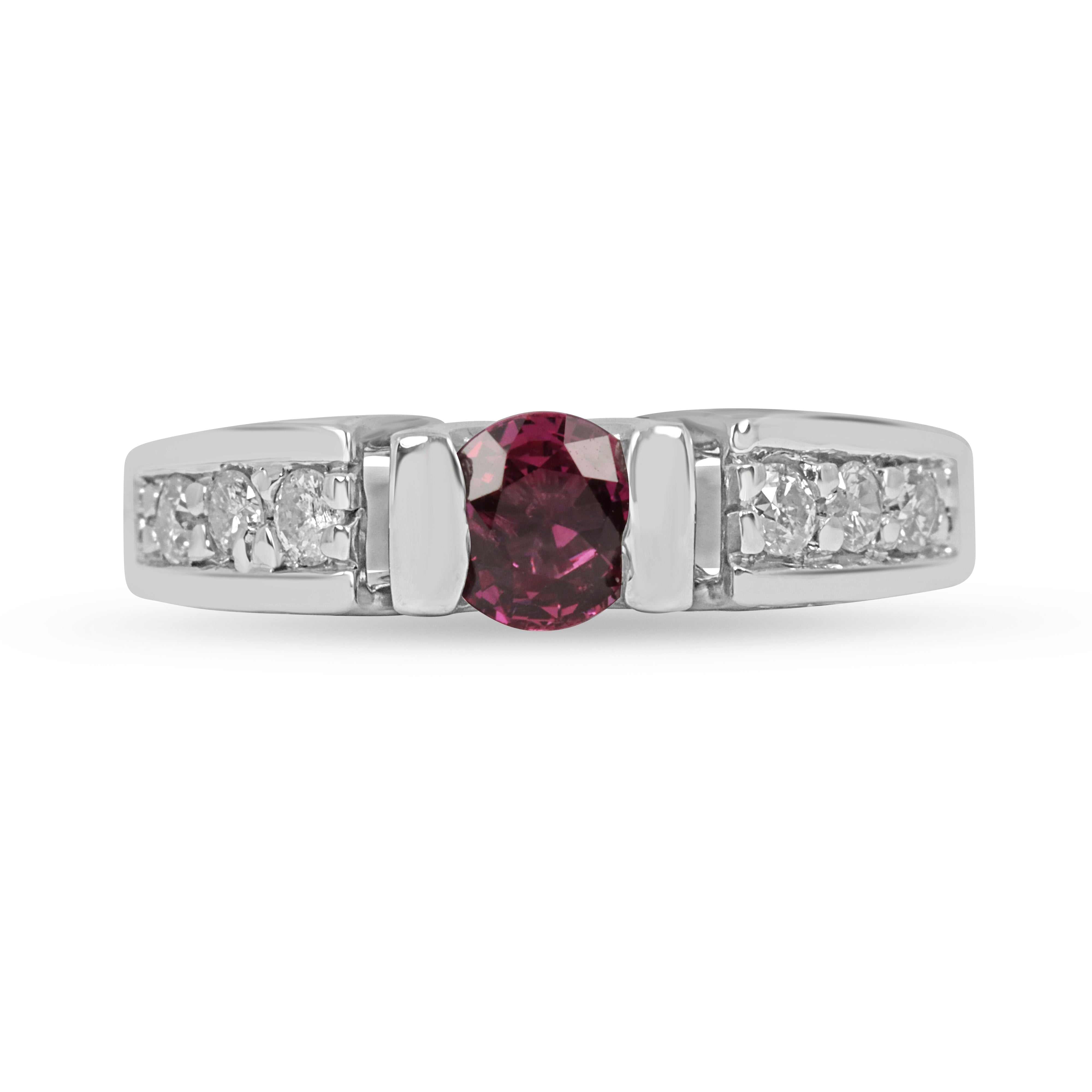 AAA+ 14K white gold ring with natural round cut rubellite and diamond accents