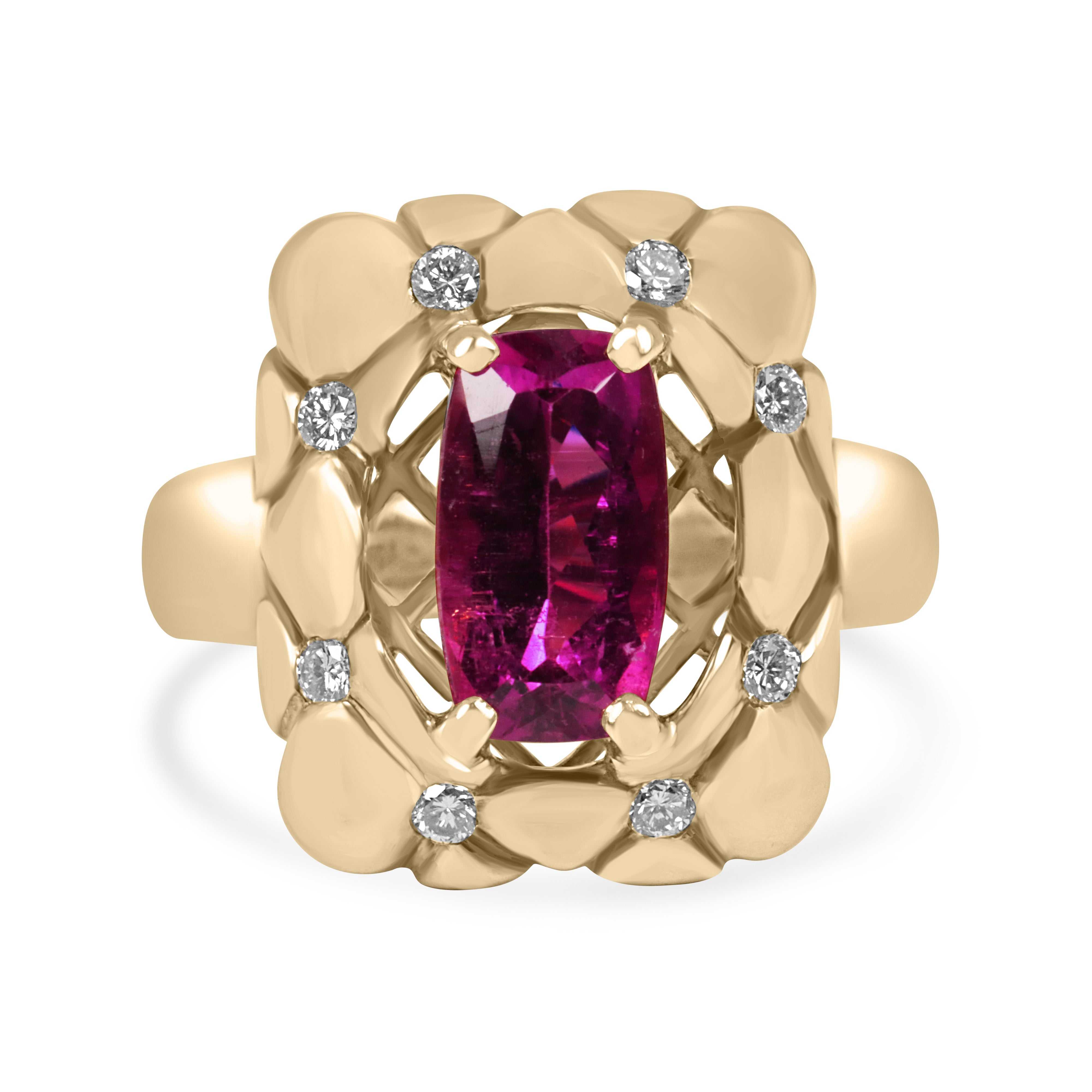 3.60tcw natural rubellite and diamond cocktail ring in 18K yellow gold with convex emerald cut ruby and round diamonds