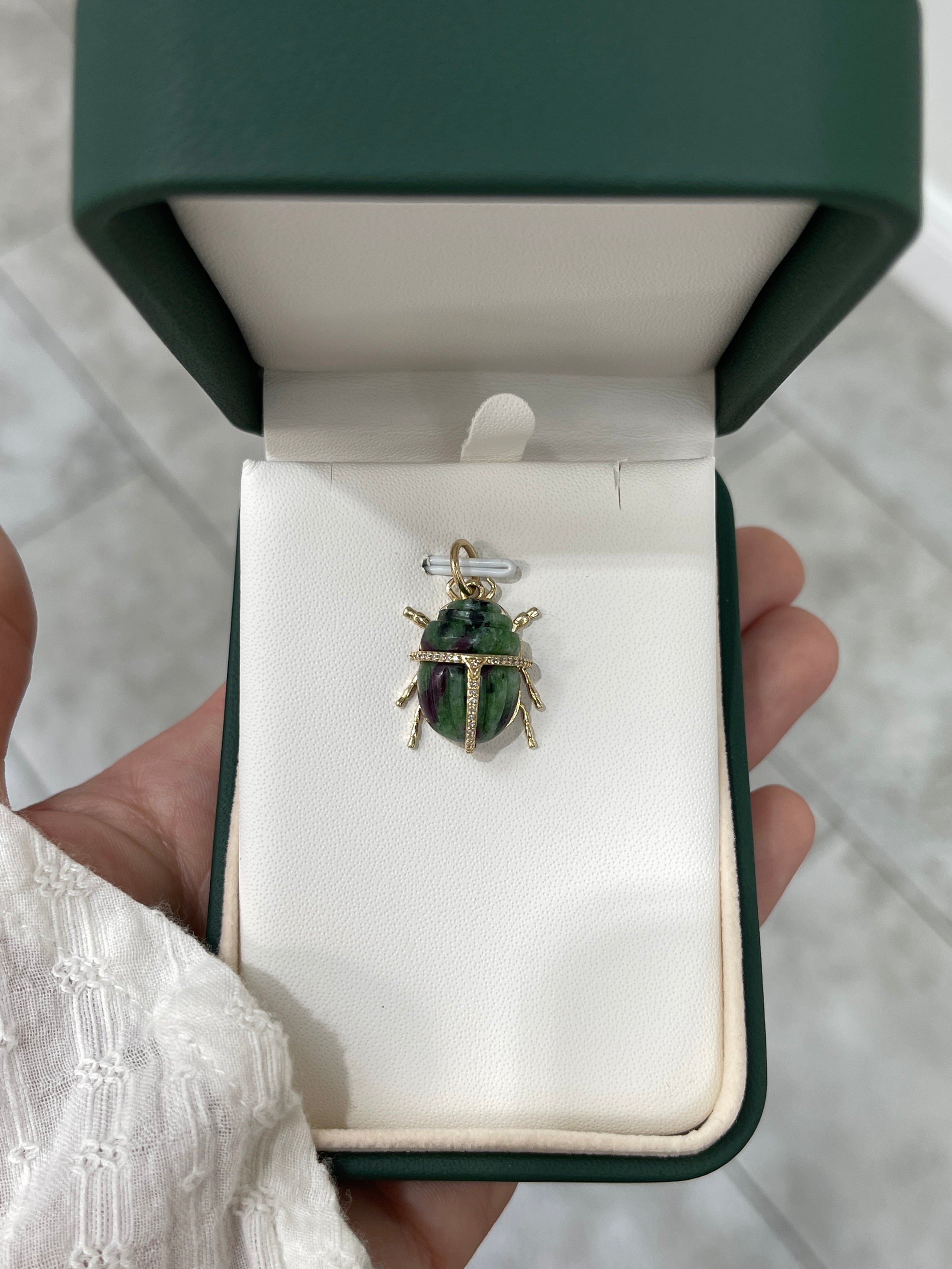 14K Gold Ruby Zoisite & Diamond Scarab Pendant - JR Colombian Emeralds