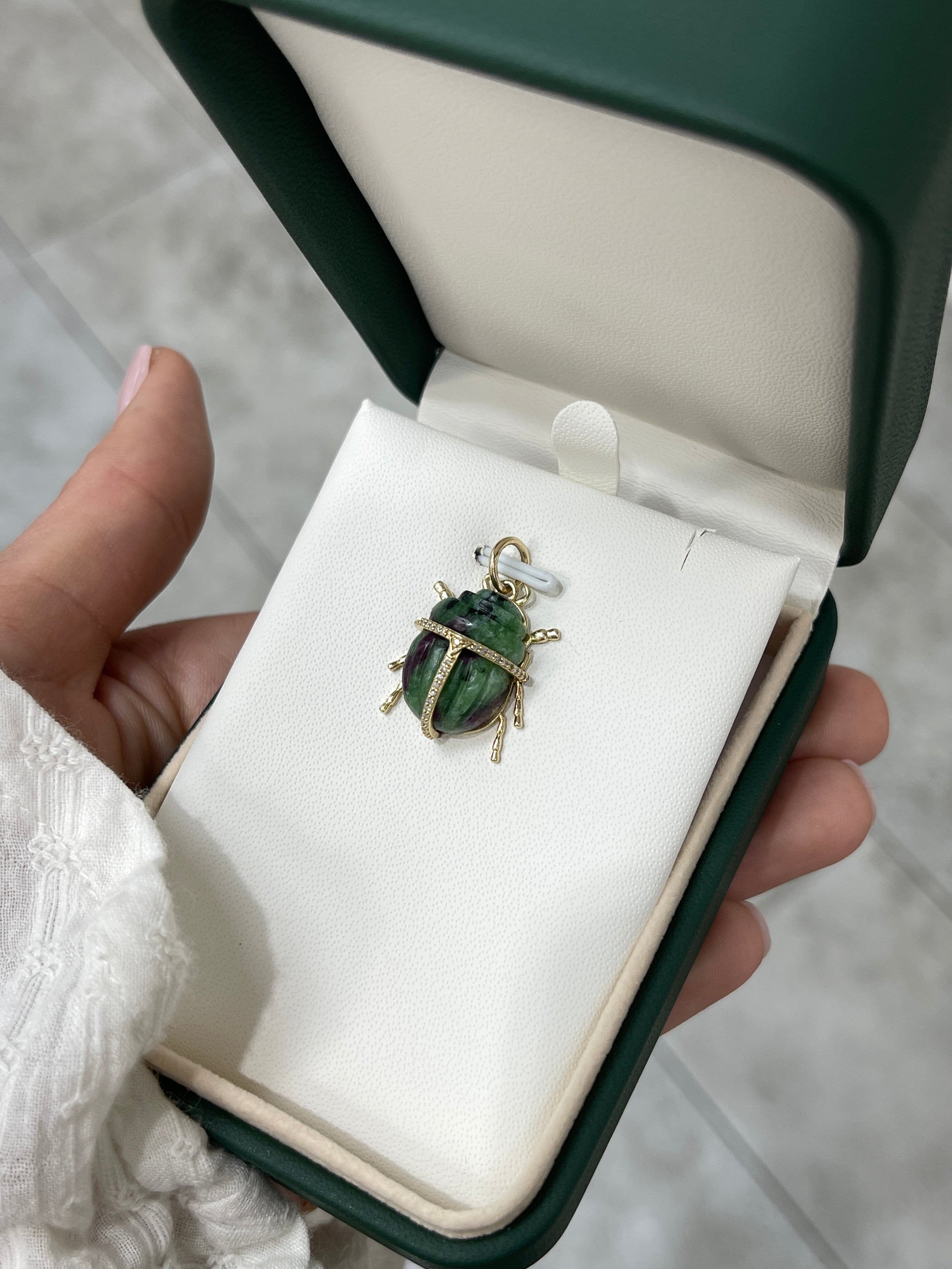 14K Gold Ruby Zoisite & Diamond Scarab Pendant - JR Colombian Emeralds