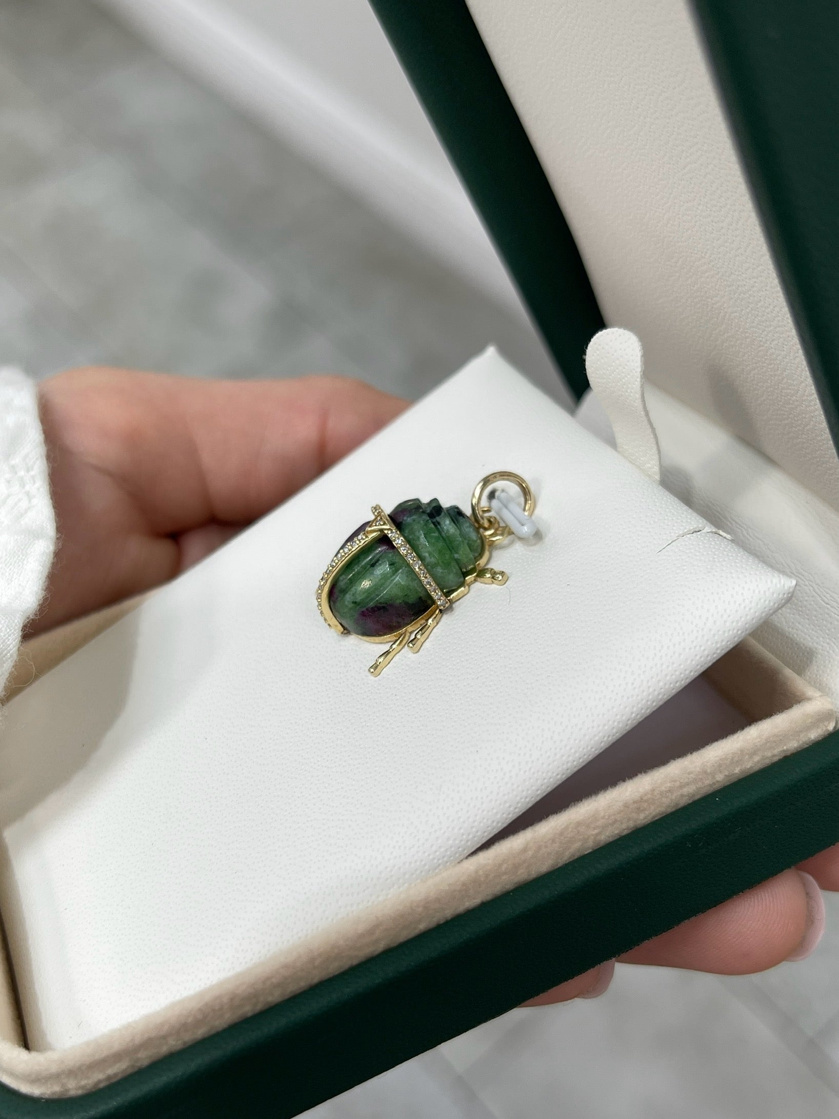 14K Gold Ruby Zoisite & Diamond Scarab Pendant - JR Colombian Emeralds