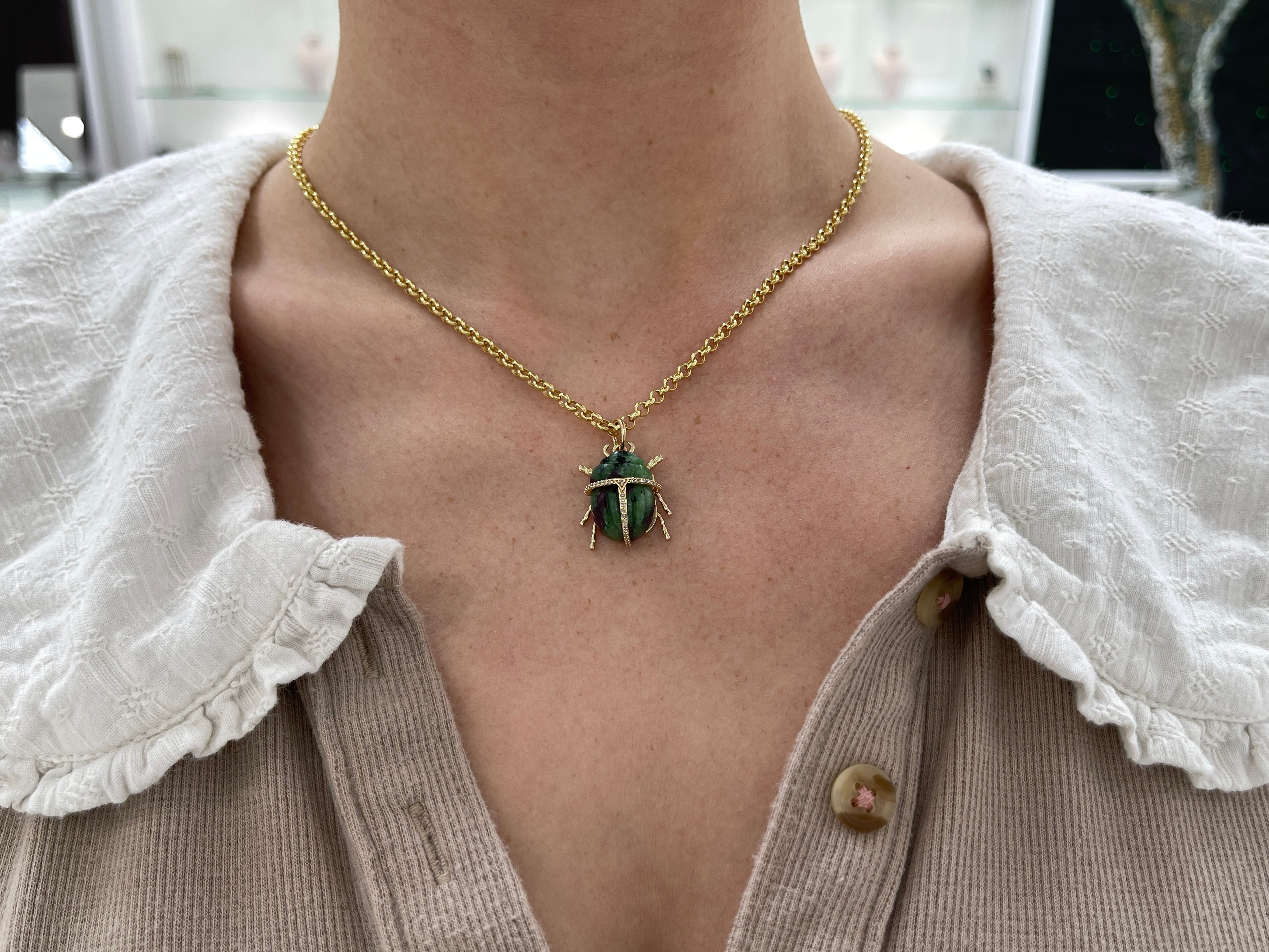 14K Gold Ruby Zoisite & Diamond Scarab Pendant - JR Colombian Emeralds