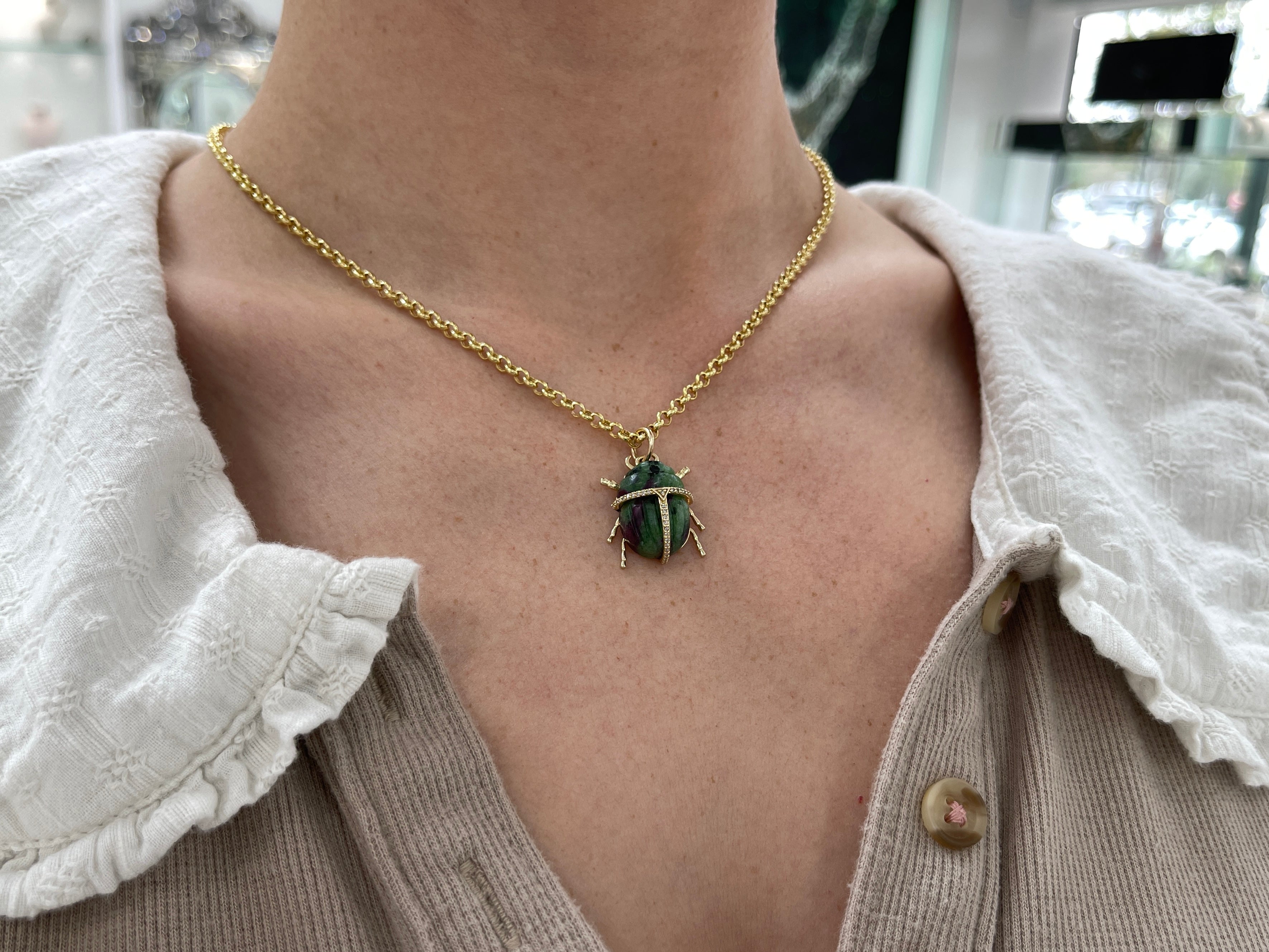 14K Gold Ruby Zoisite & Diamond Scarab Pendant - JR Colombian Emeralds