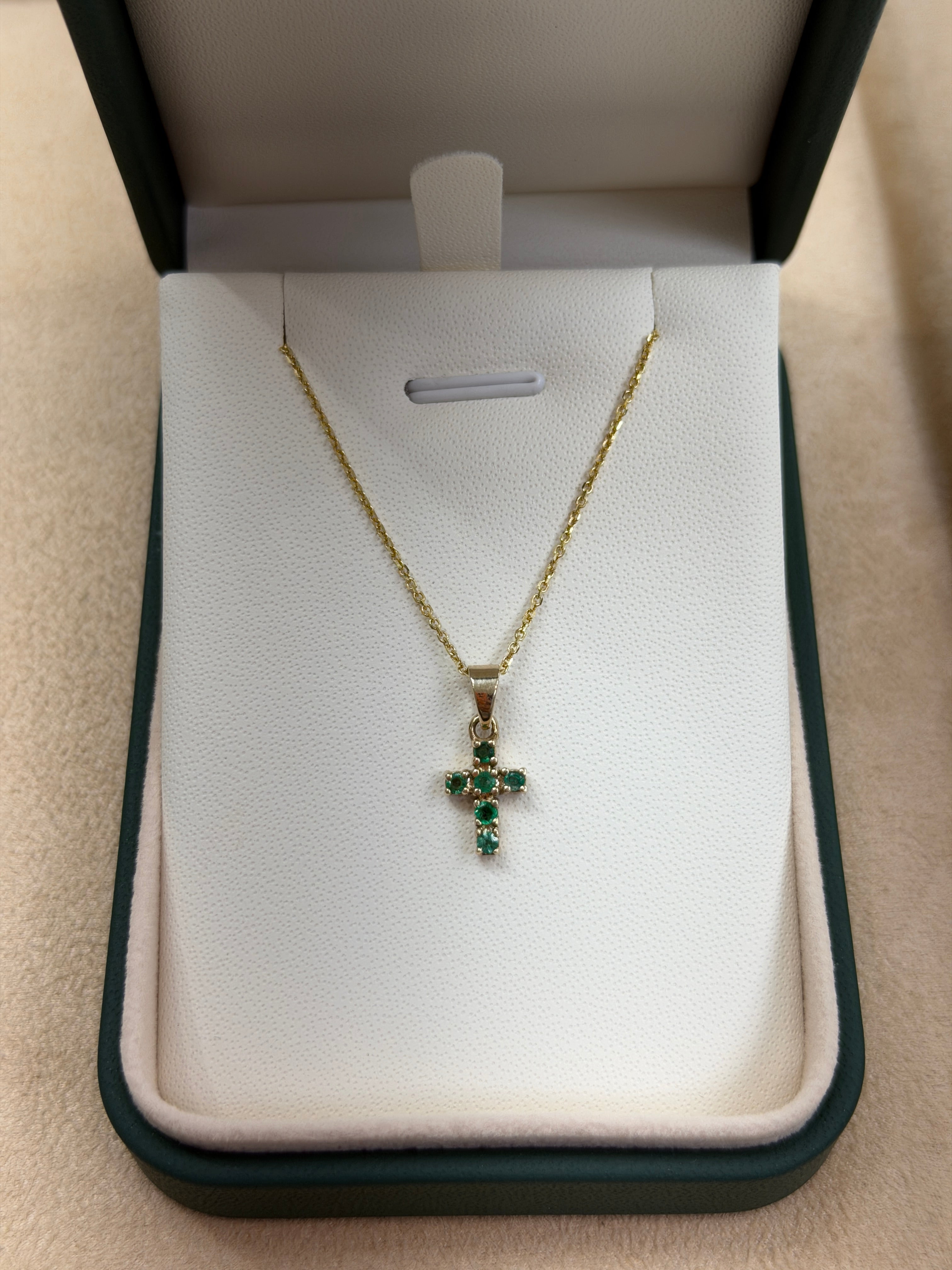 0.24tcw Petite Emerald Cross Necklace 14K - JR Colombian Emeralds