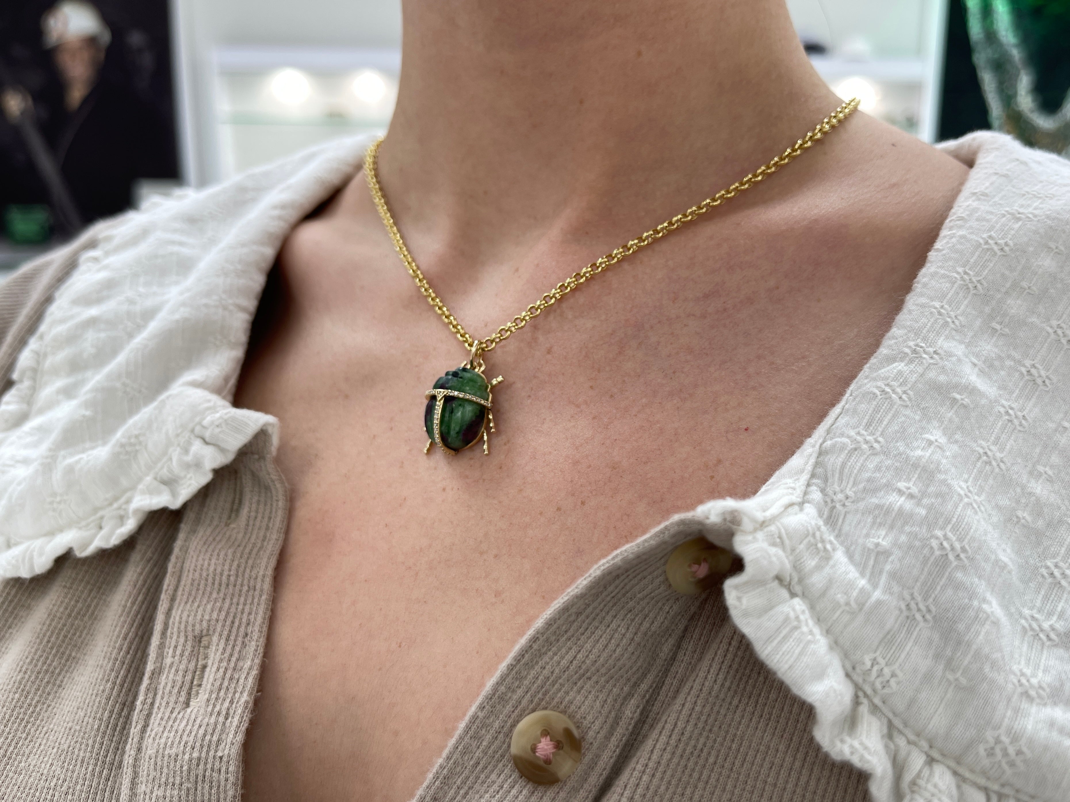 14K Gold Ruby Zoisite & Diamond Scarab Pendant - JR Colombian Emeralds