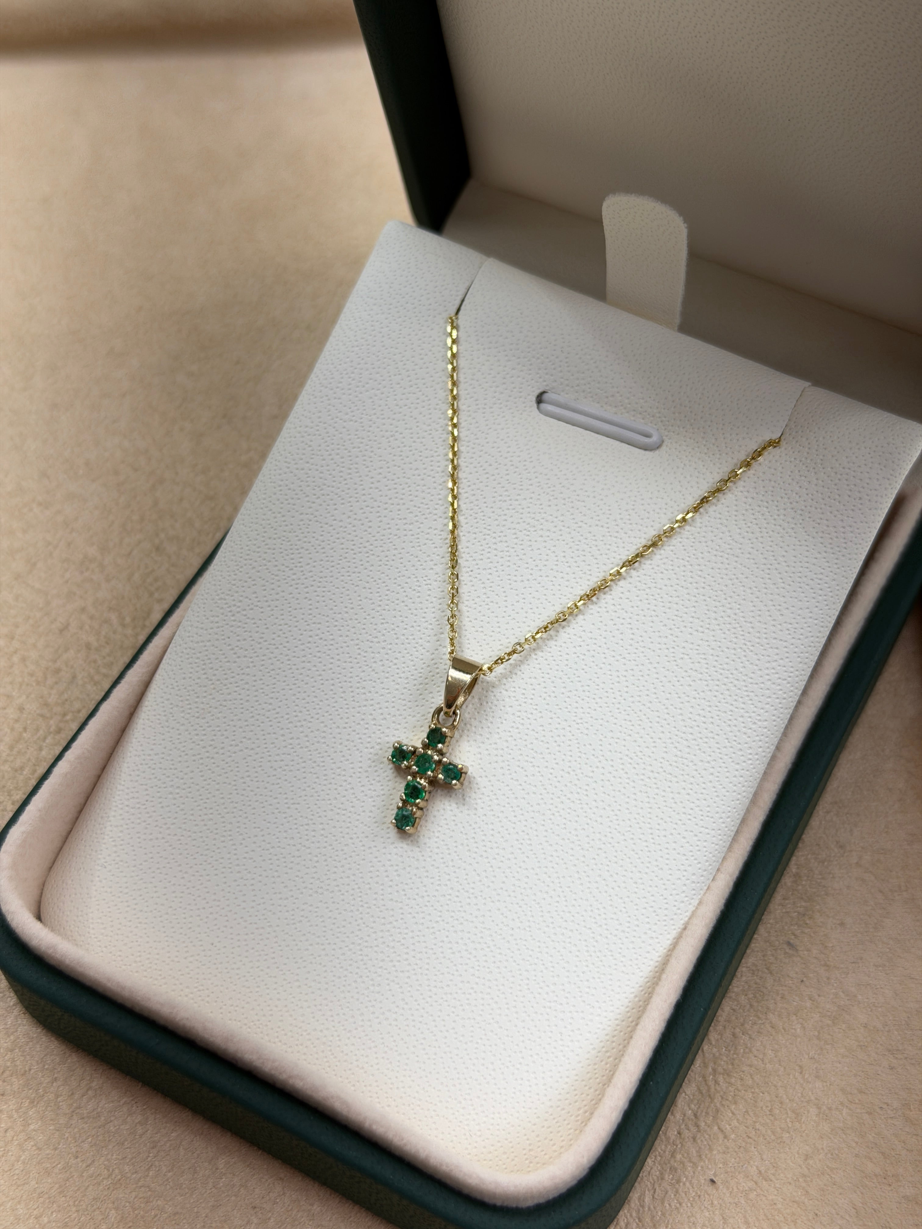 0.24tcw Petite Emerald Cross Necklace 14K - JR Colombian Emeralds