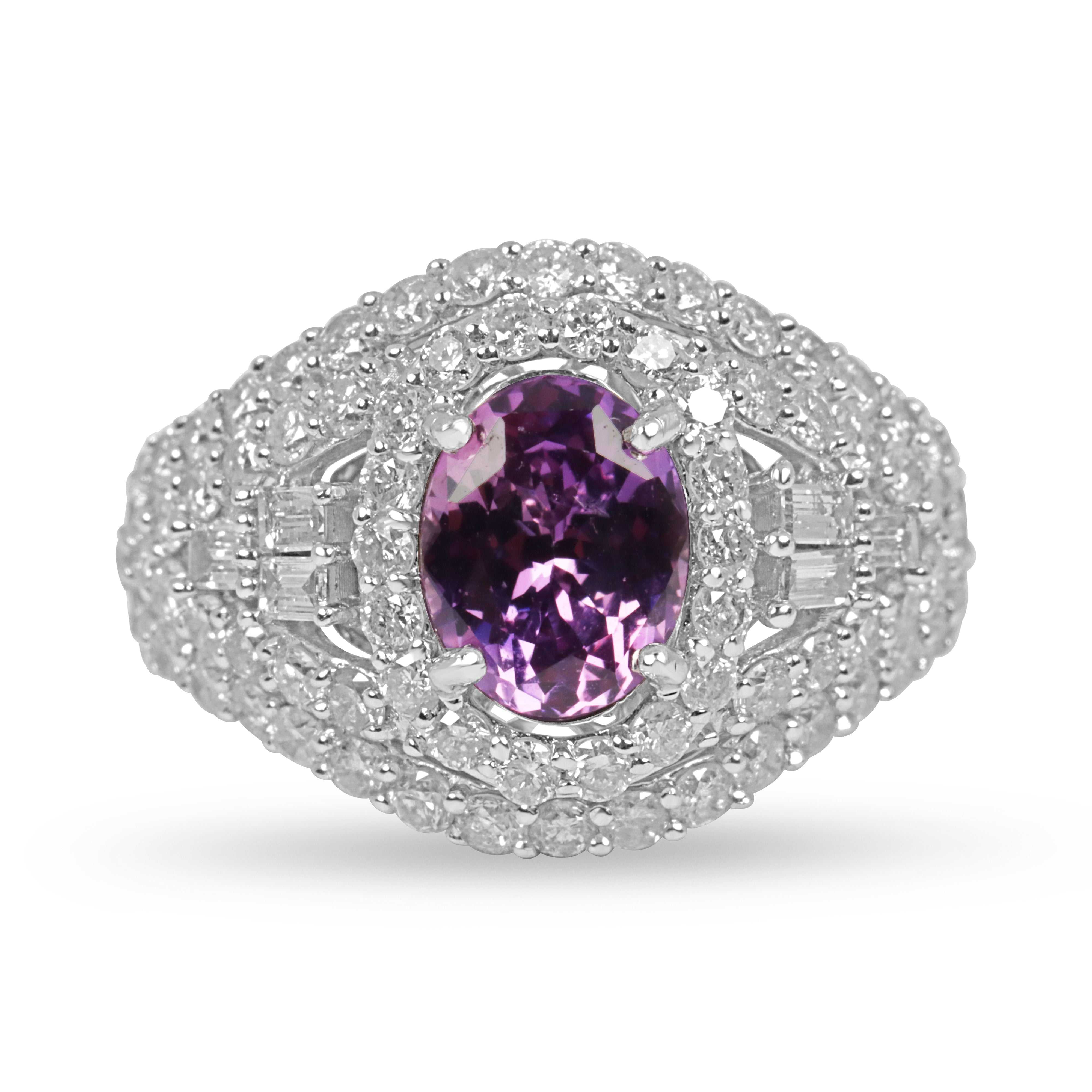 3.05tcw vivid pink oval sapphire and diamond halo ring in 14K white gold