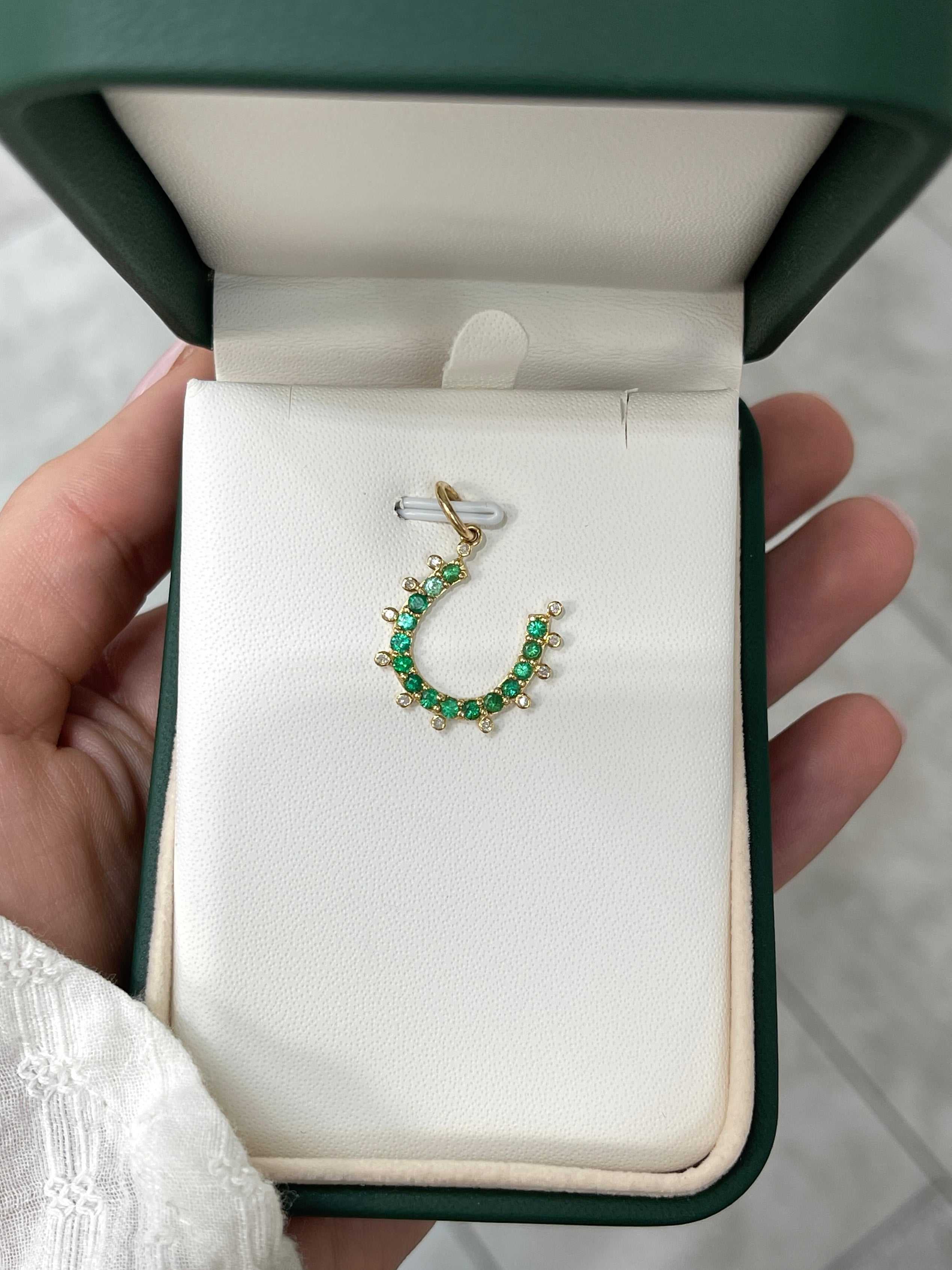 14K Gold Emerald & Diamond Horseshoe Pendant - JR Colombian Emeralds