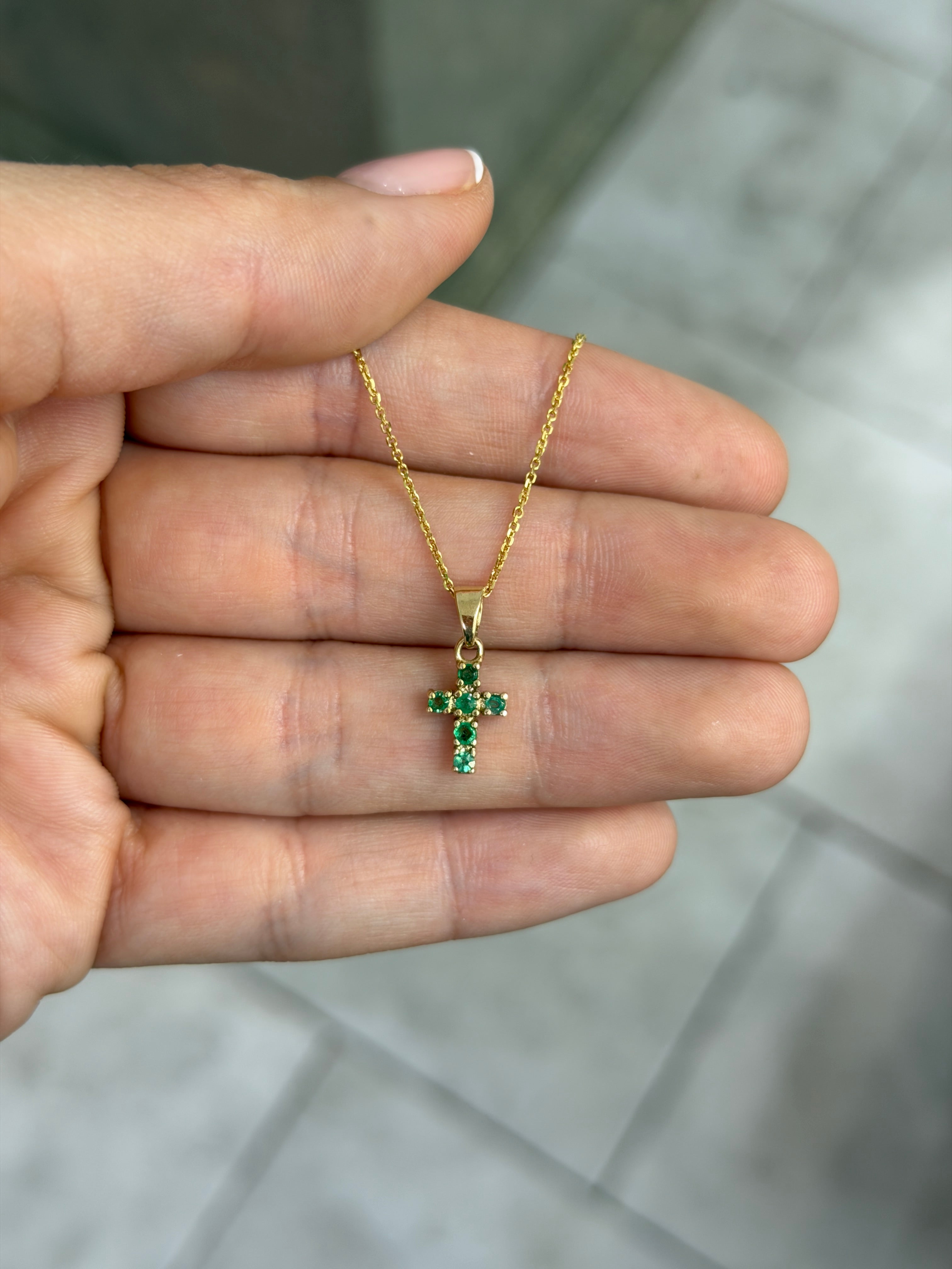 0.24tcw Petite Emerald Cross Necklace 14K - JR Colombian Emeralds