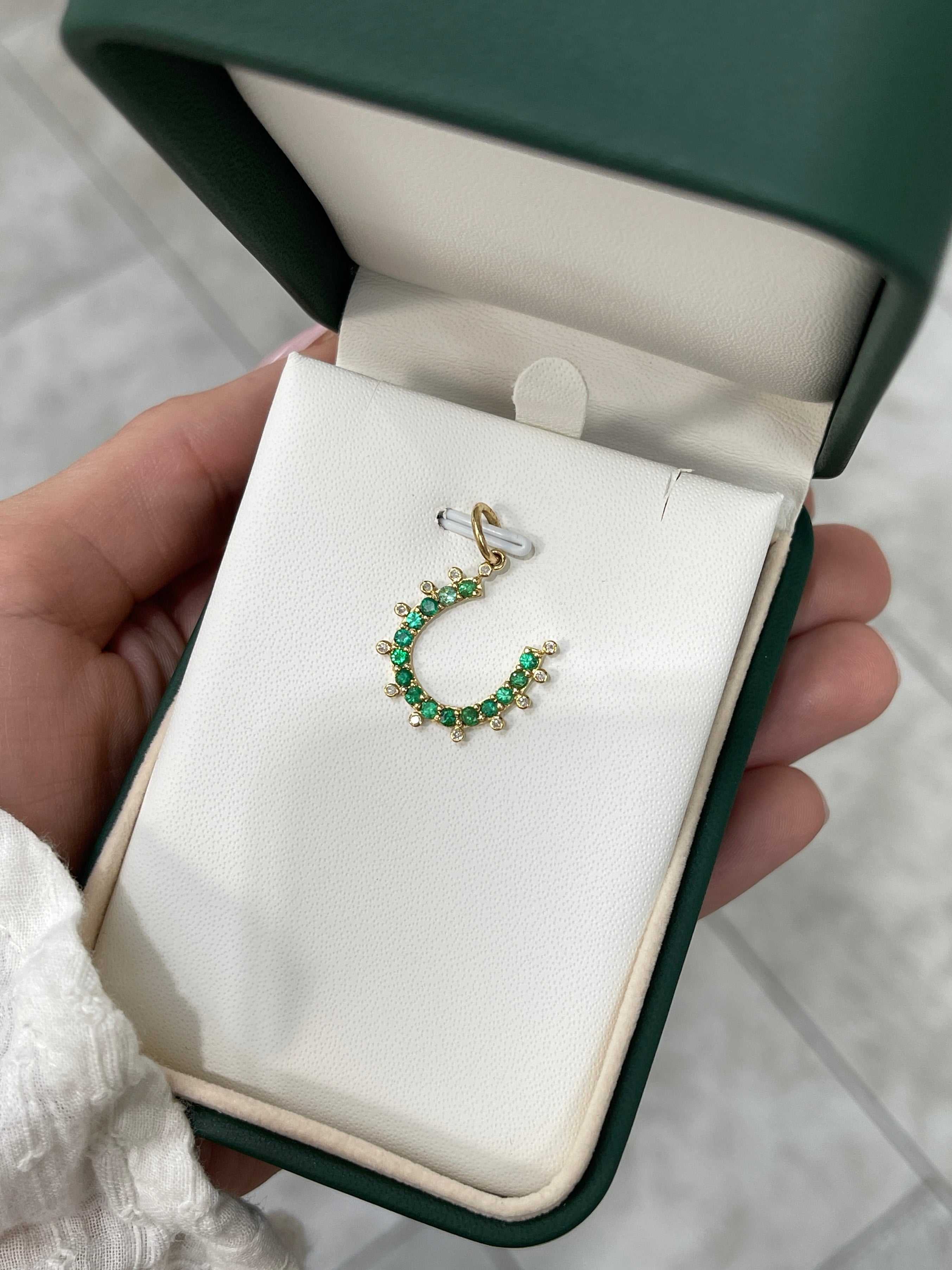 14K Gold Emerald & Diamond Horseshoe Pendant - JR Colombian Emeralds