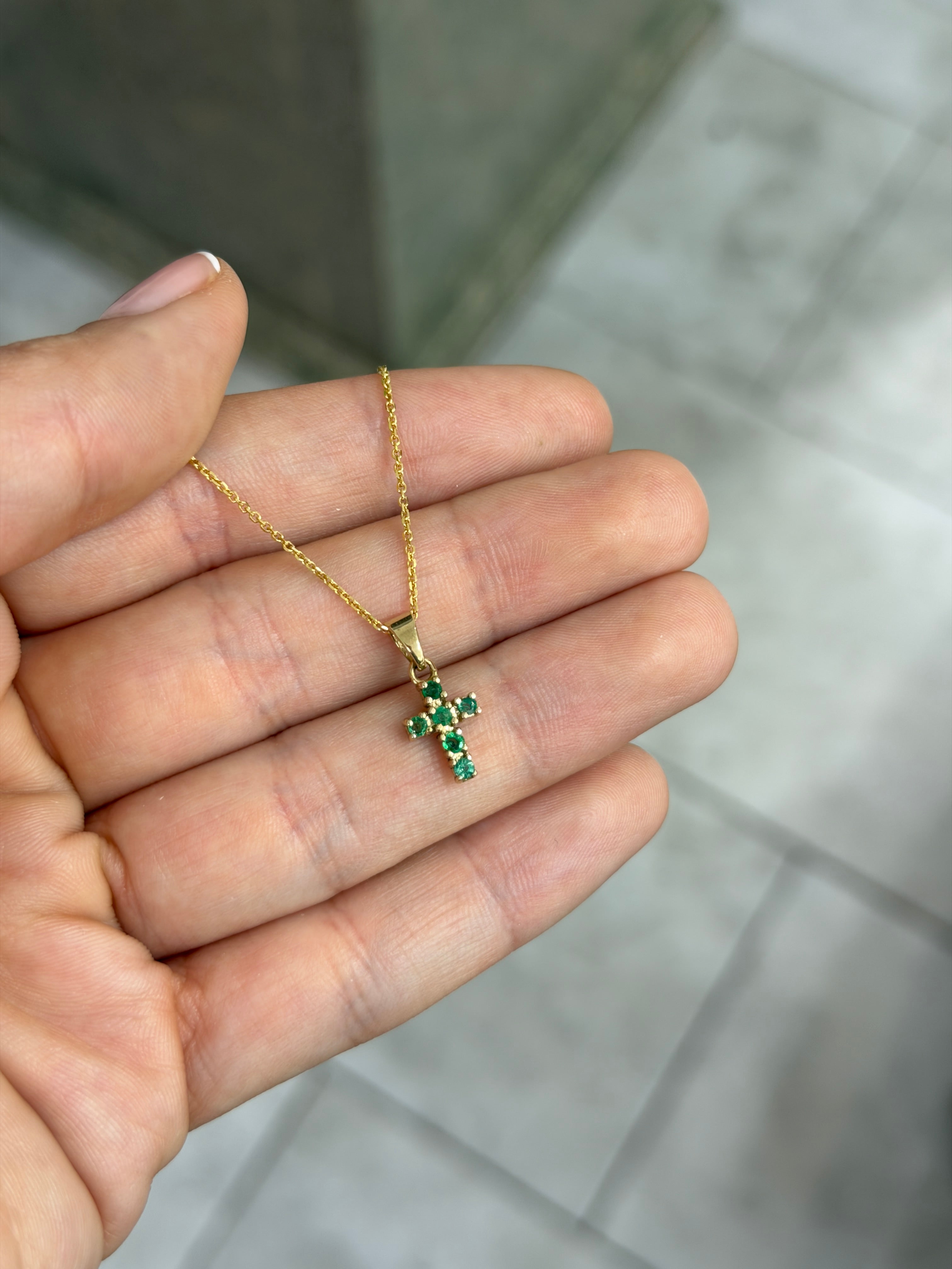 0.24tcw Petite Emerald Cross Necklace 14K - JR Colombian Emeralds