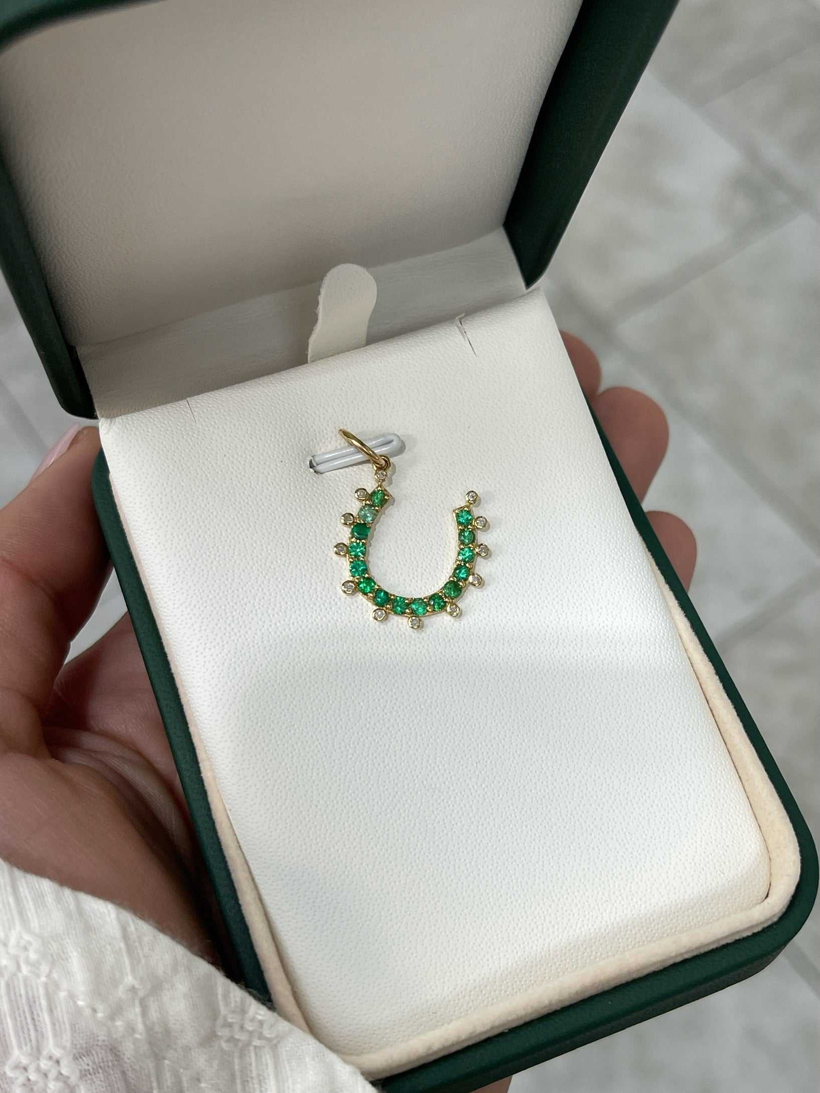 14K Gold Emerald & Diamond Horseshoe Pendant - JR Colombian Emeralds
