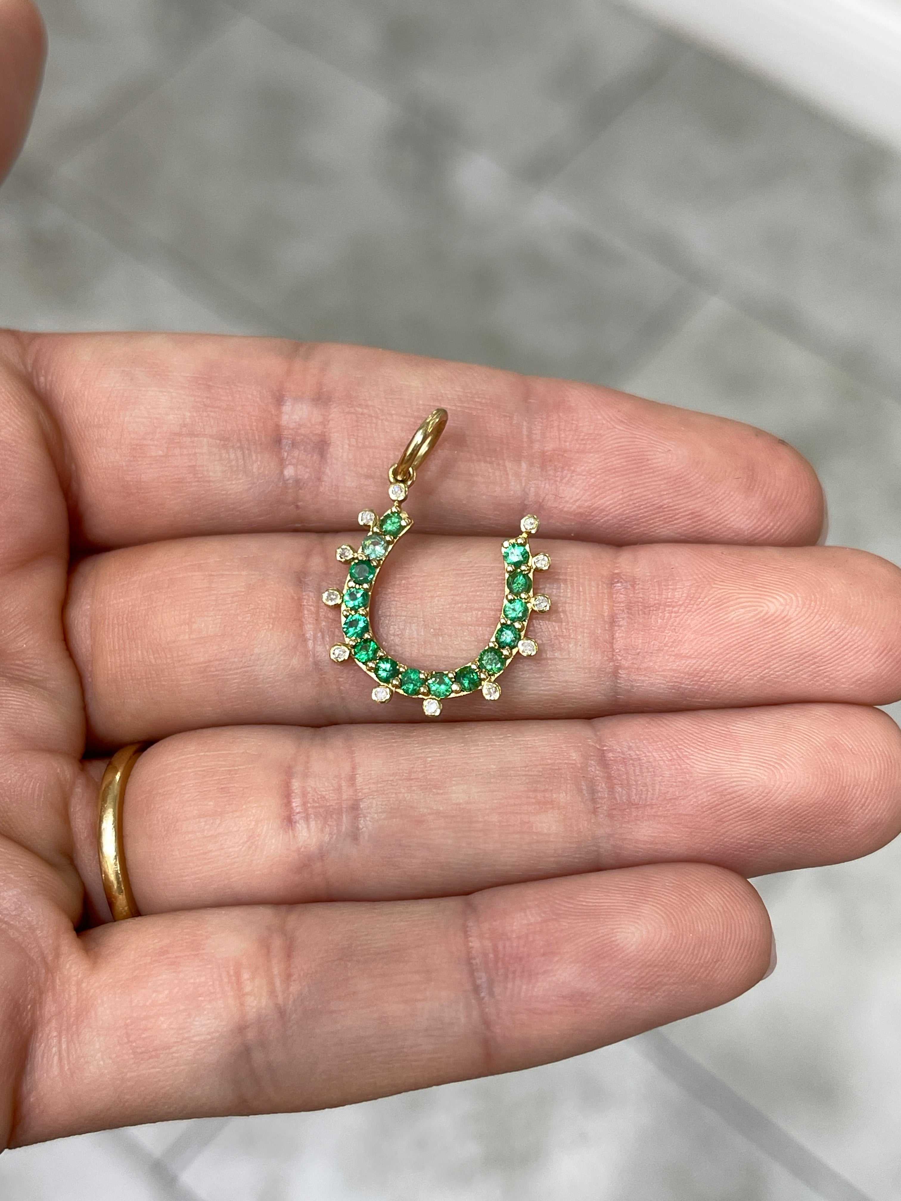 14K Gold Emerald & Diamond Horseshoe Pendant - JR Colombian Emeralds
