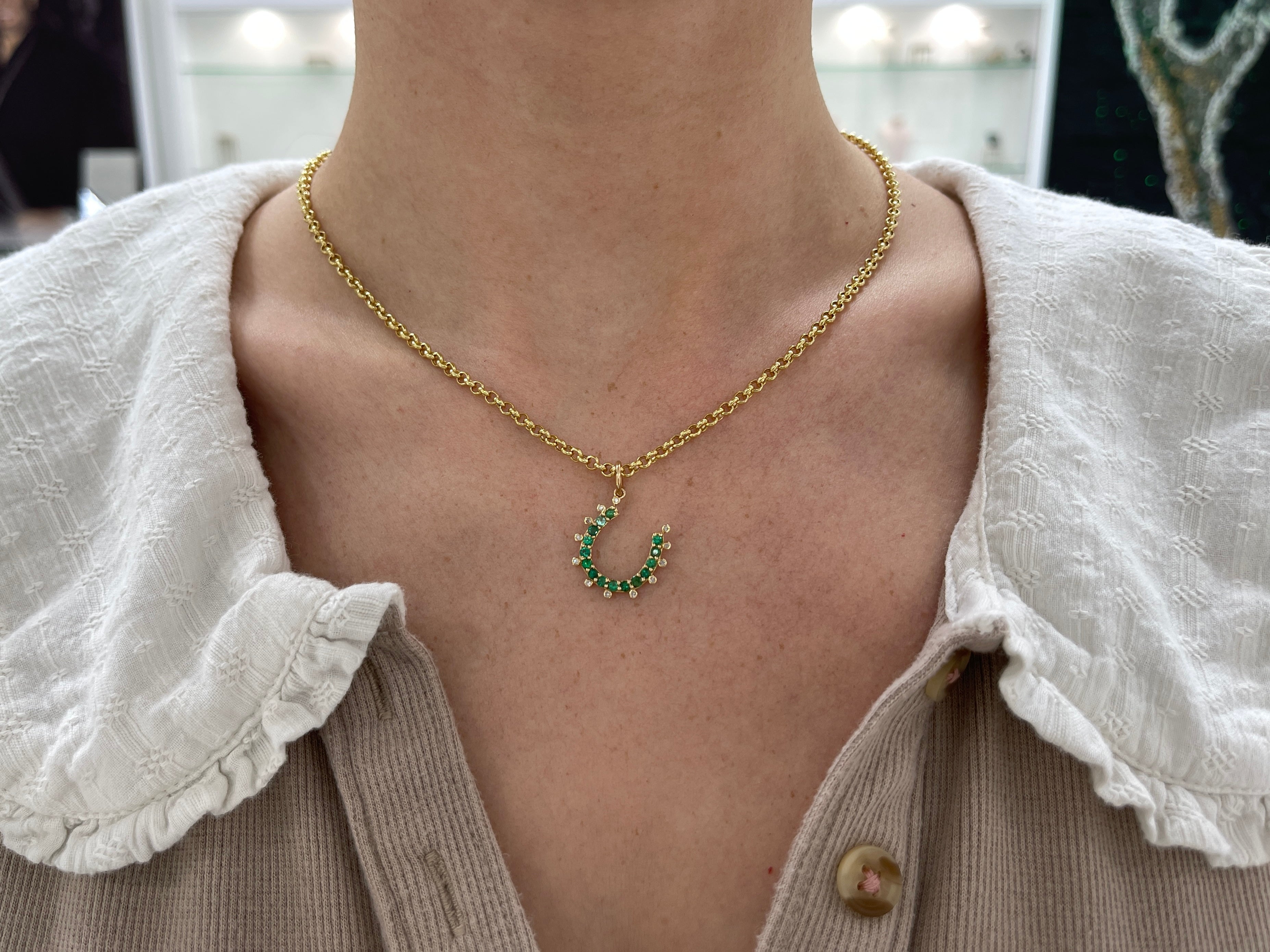 14K Gold Emerald & Diamond Horseshoe Pendant - JR Colombian Emeralds