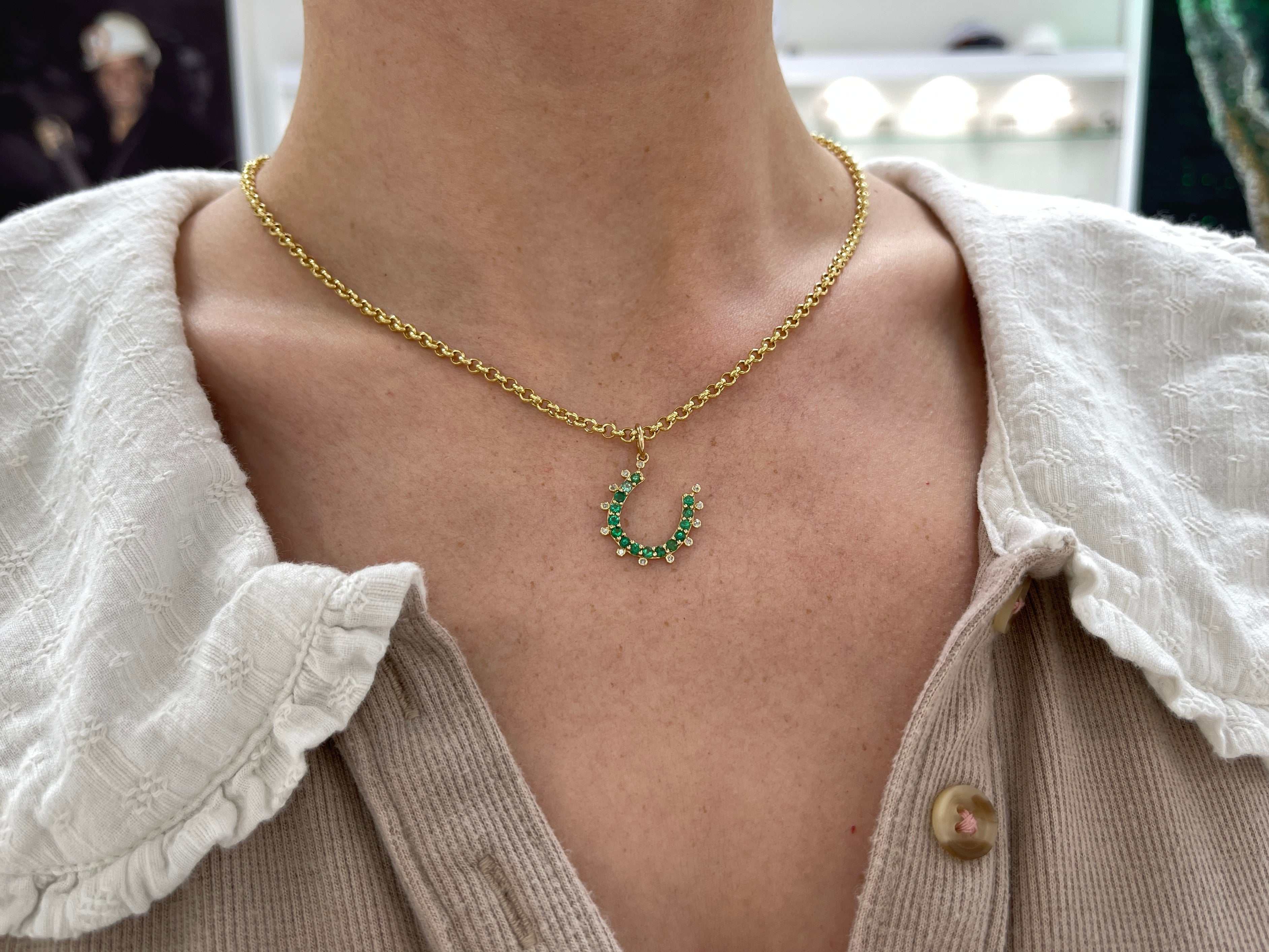 14K Gold Emerald & Diamond Horseshoe Pendant - JR Colombian Emeralds