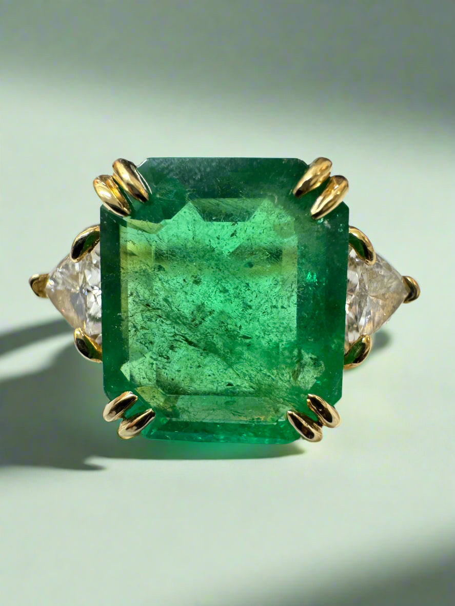 7.15tcw Muzo Colombian Emerald & Natural Trillion Diamond Three Stone 18K - JR Colombian Emeralds