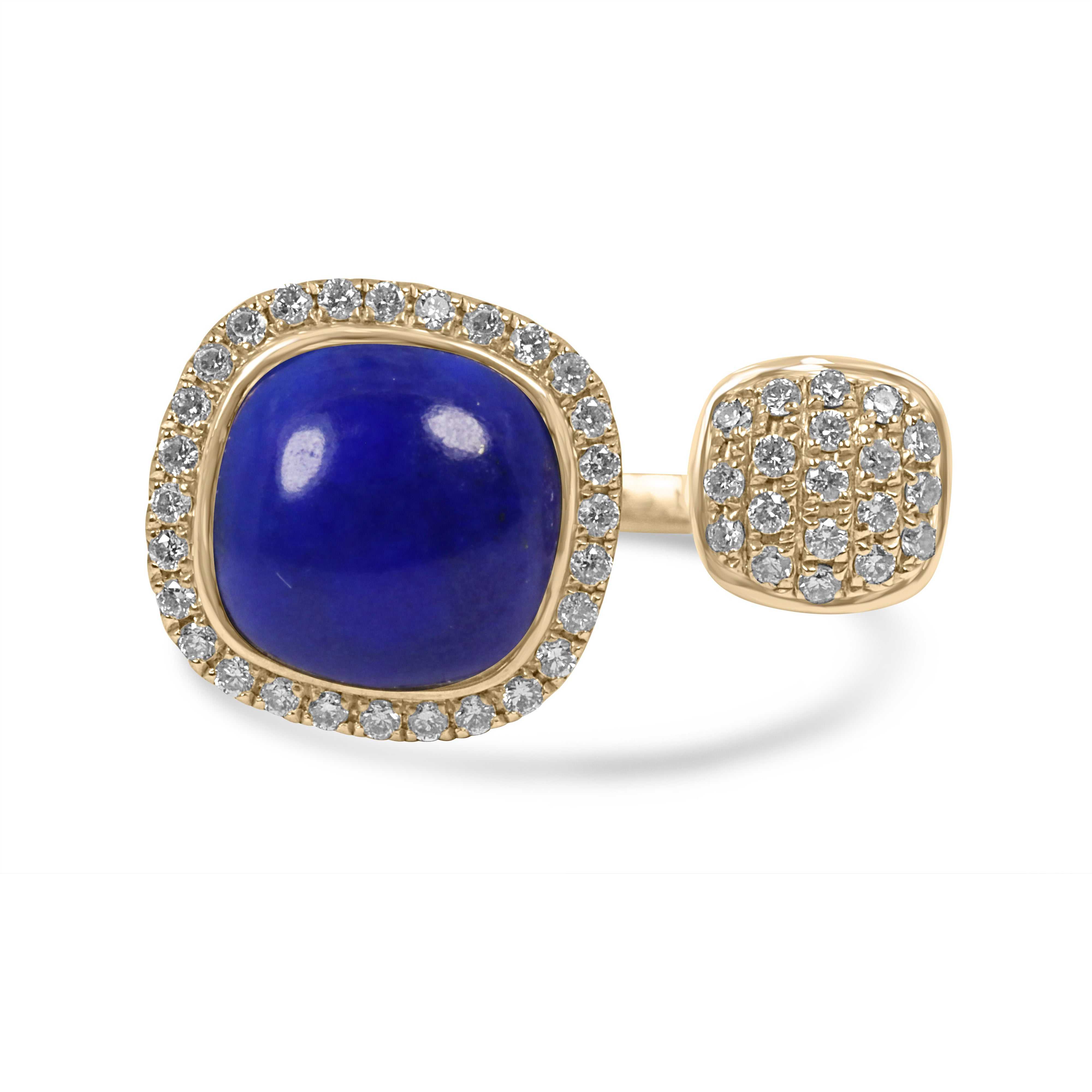 14K gold Toi Et Moi cuff ring with cushion-cut natural lapis lazuli and pavé diamond accents