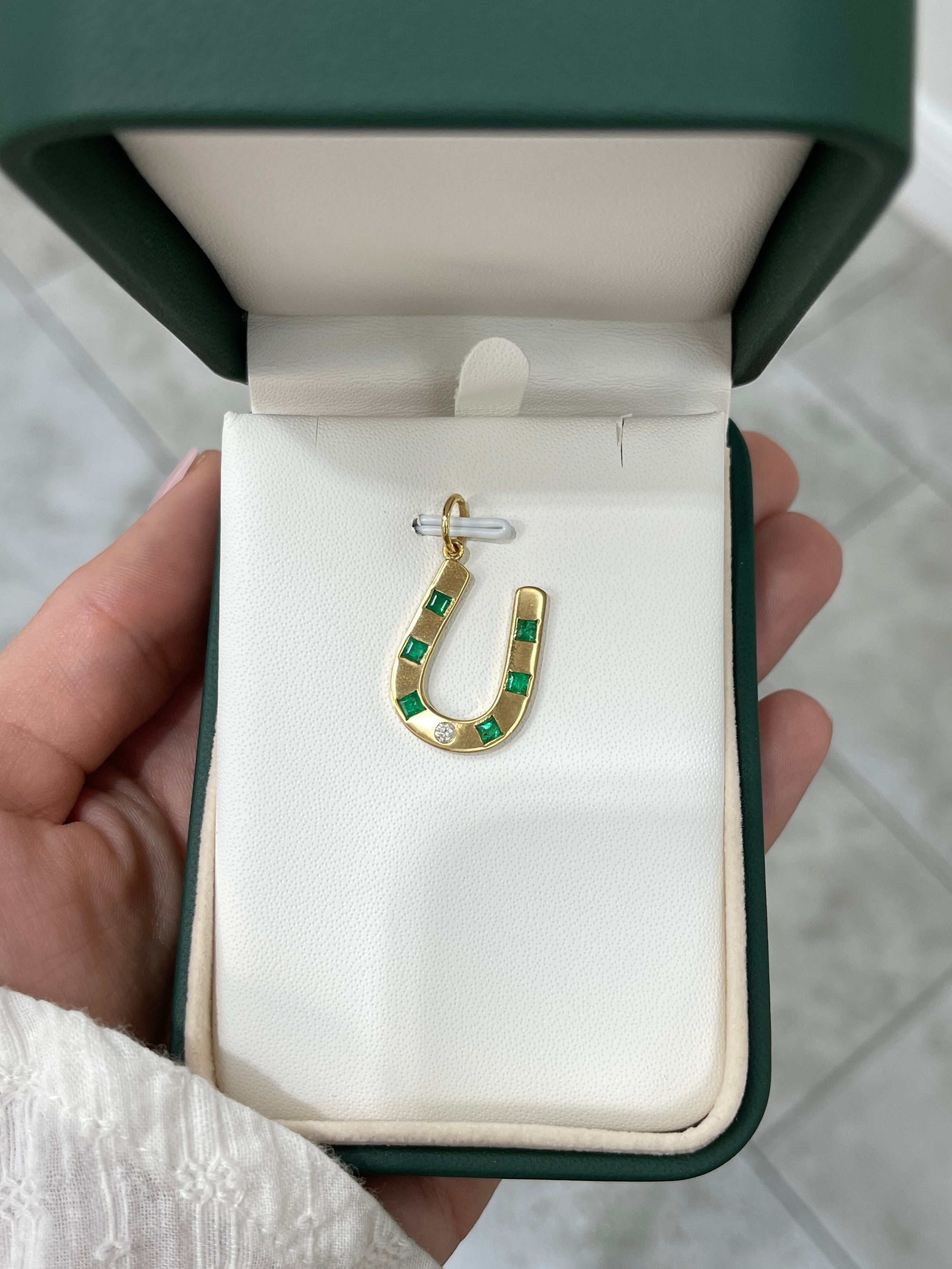 Brushed 14K Gold Emerald & Diamond Horseshoe Pendant - JR Colombian Emeralds