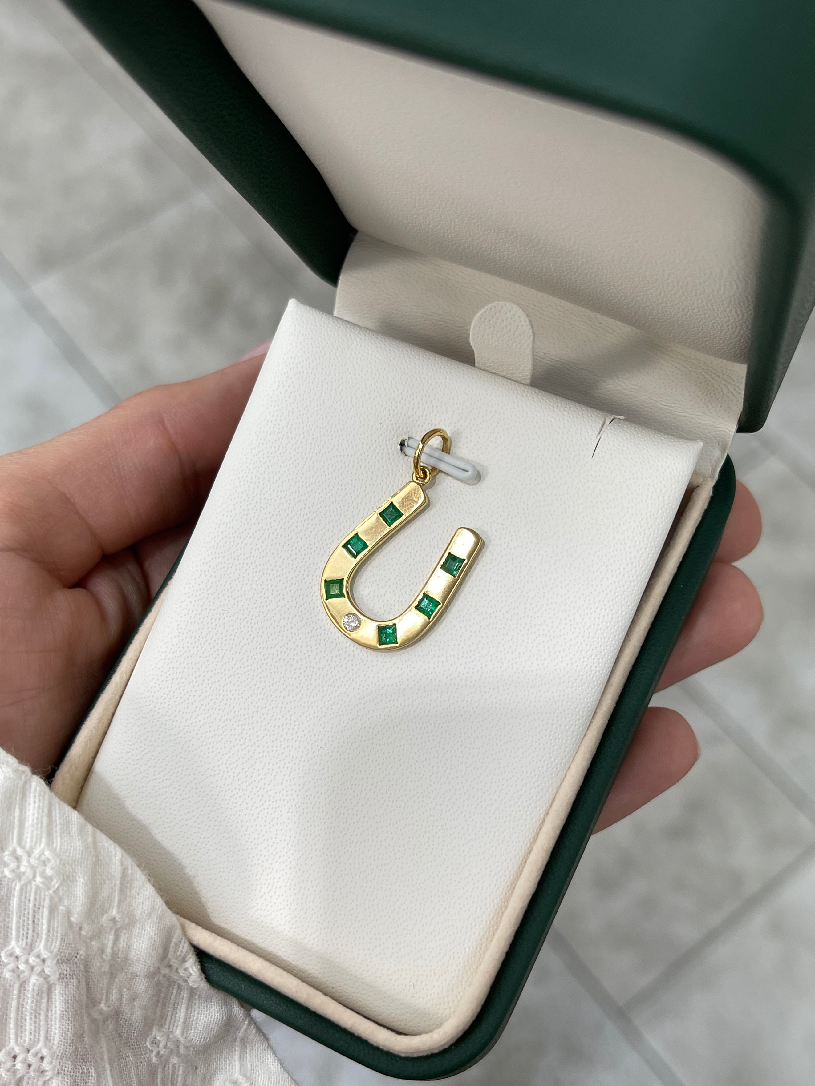 Brushed 14K Gold Emerald & Diamond Horseshoe Pendant - JR Colombian Emeralds