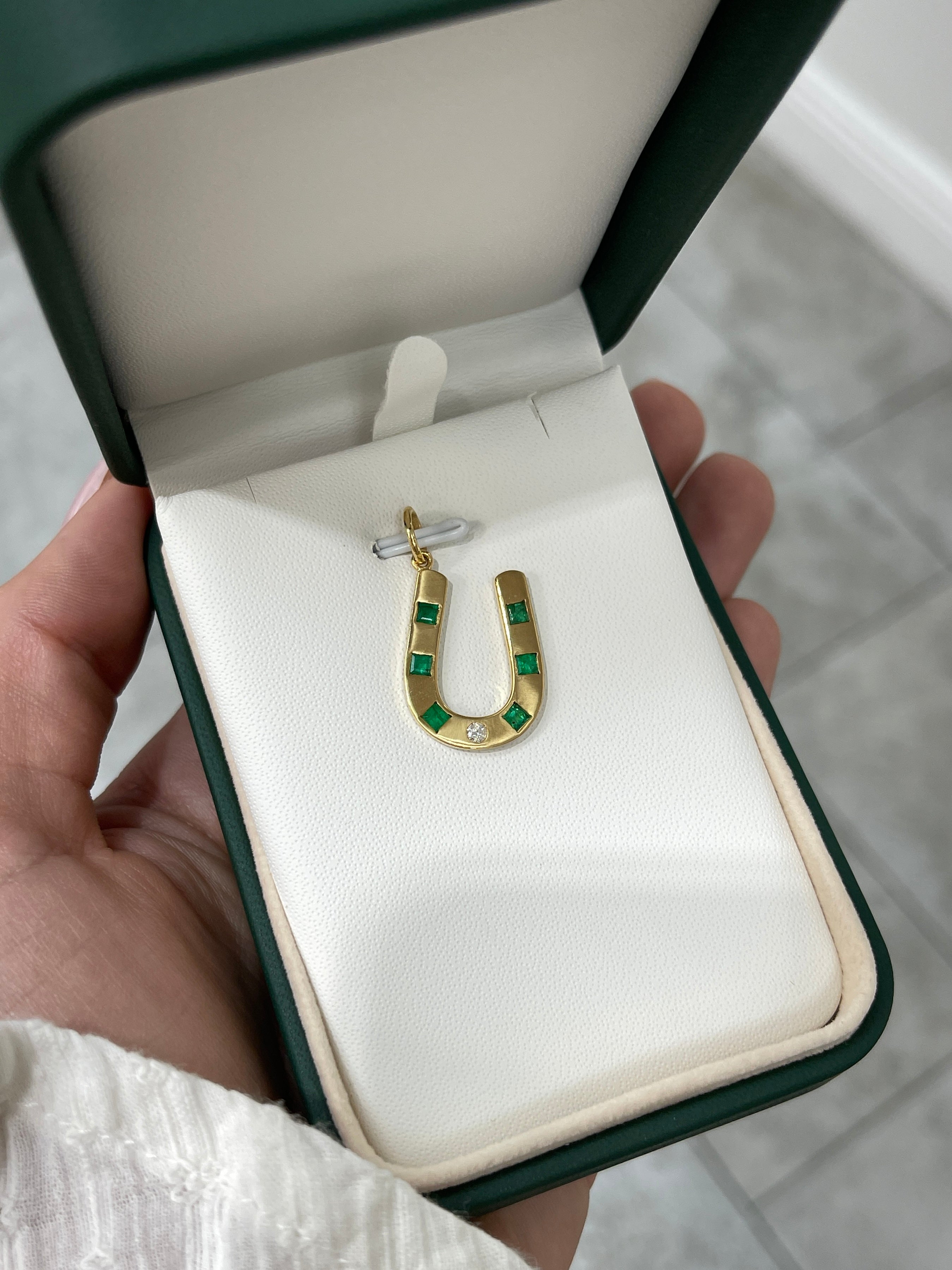 Brushed 14K Gold Emerald & Diamond Horseshoe Pendant - JR Colombian Emeralds