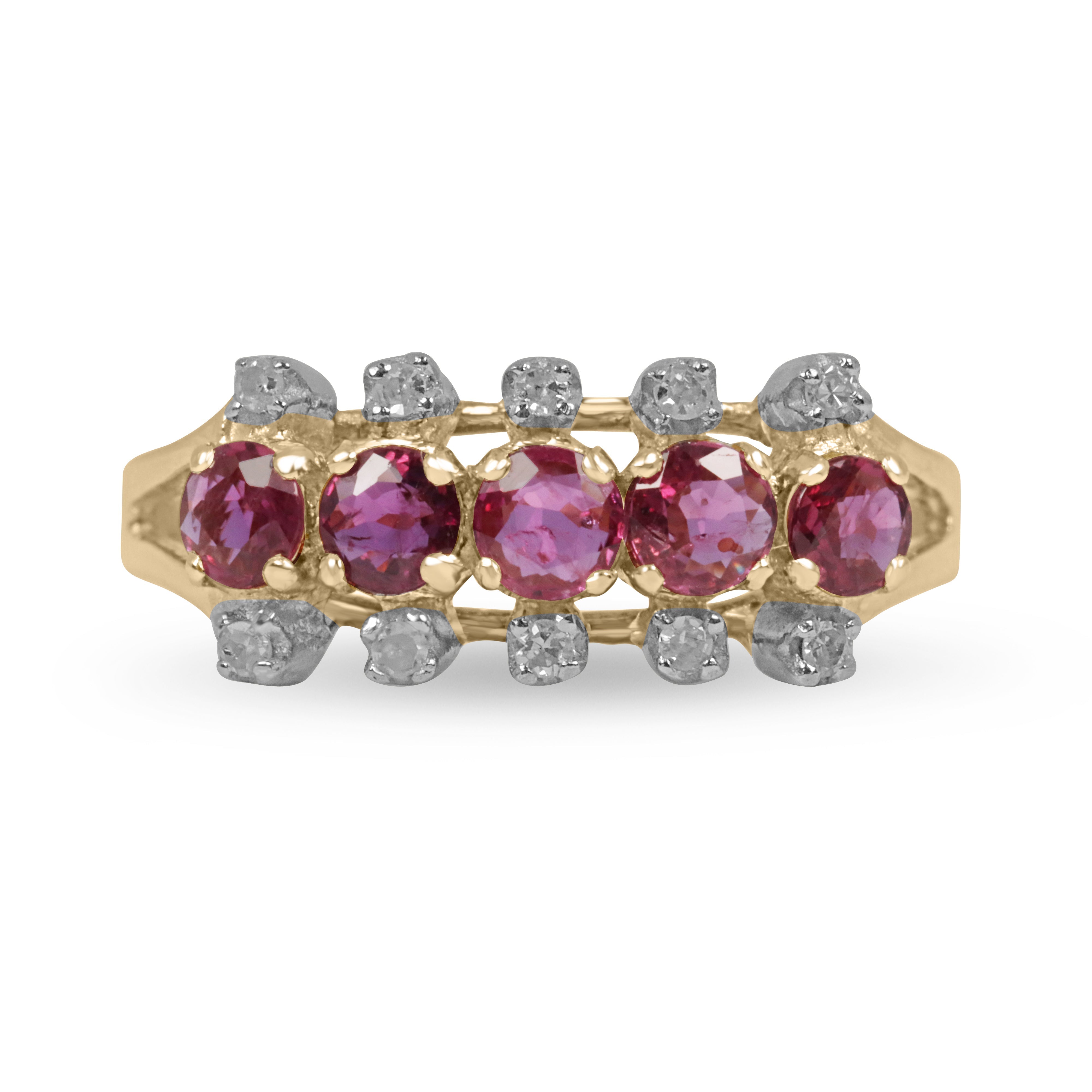 14K Art Deco ruby and diamond cocktail ring with red round rubies and white diamond accents in yellow gold