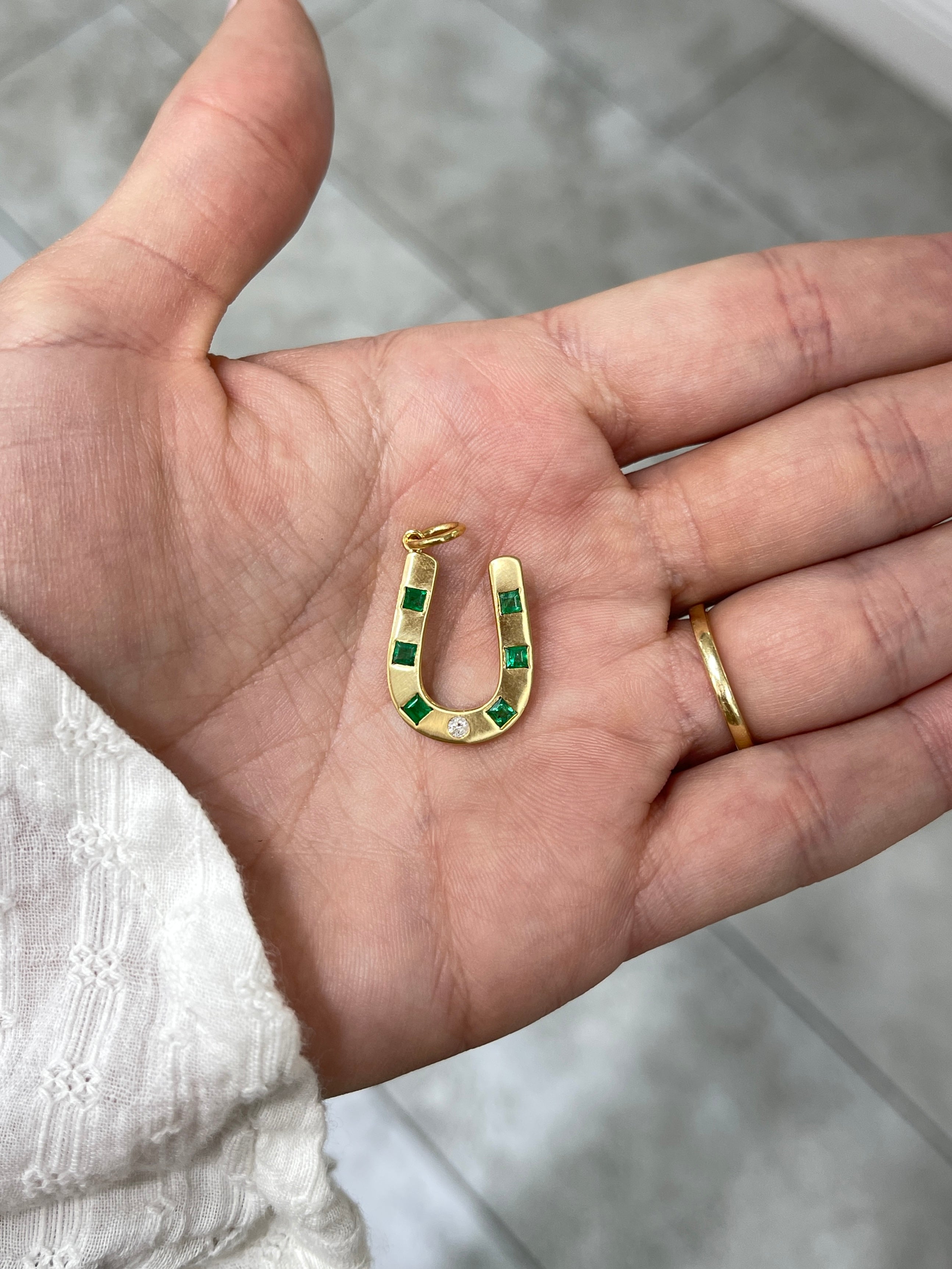 Brushed 14K Gold Emerald & Diamond Horseshoe Pendant - JR Colombian Emeralds