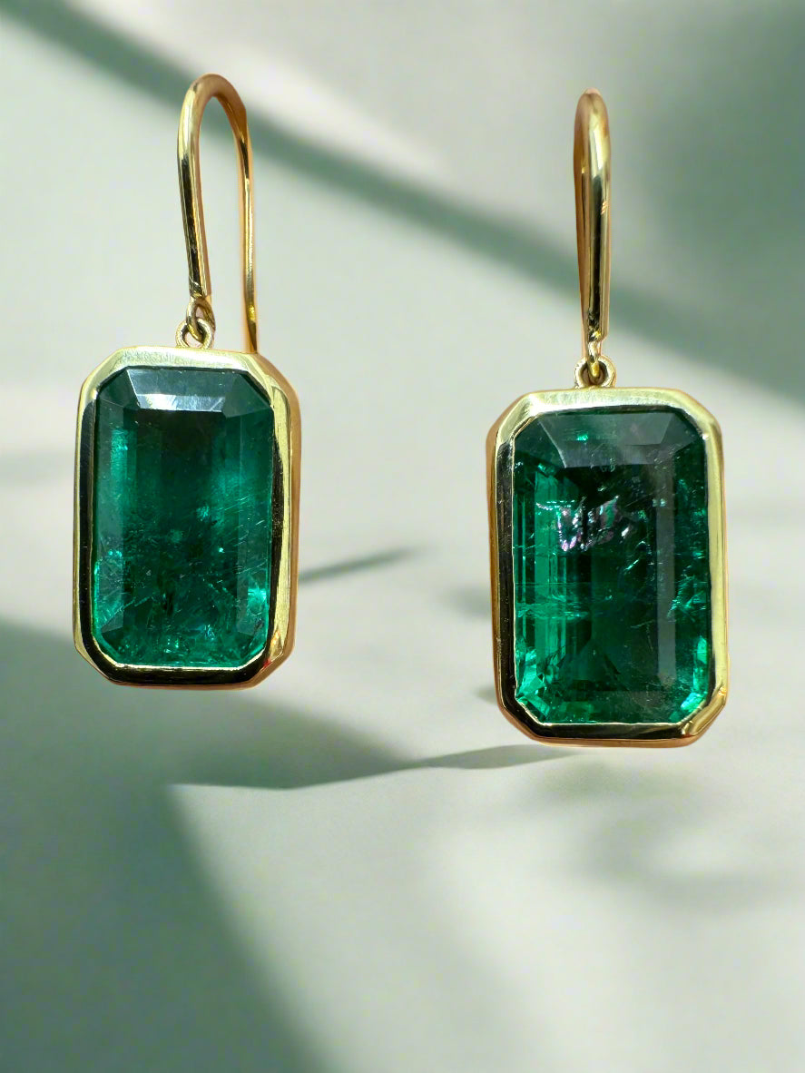 7.90tcw Deep Green Natural Emerald Bezel Set Drop & Dangle Hook Earrings 18K