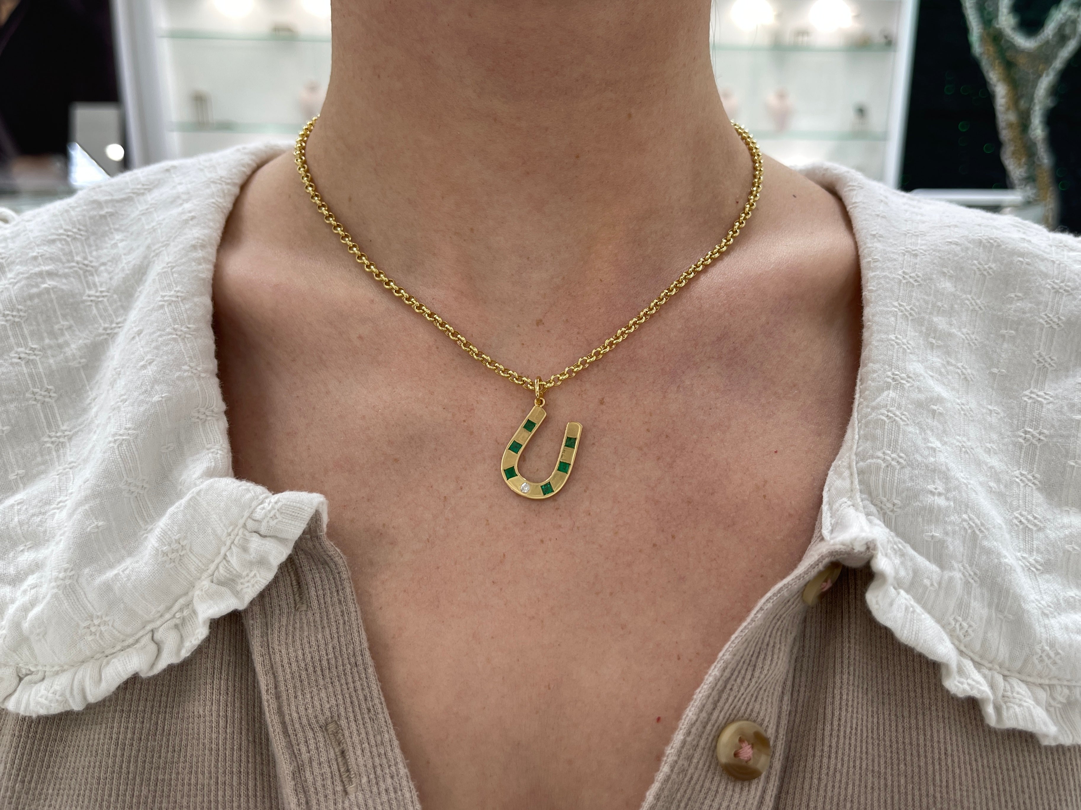 Brushed 14K Gold Emerald & Diamond Horseshoe Pendant - JR Colombian Emeralds