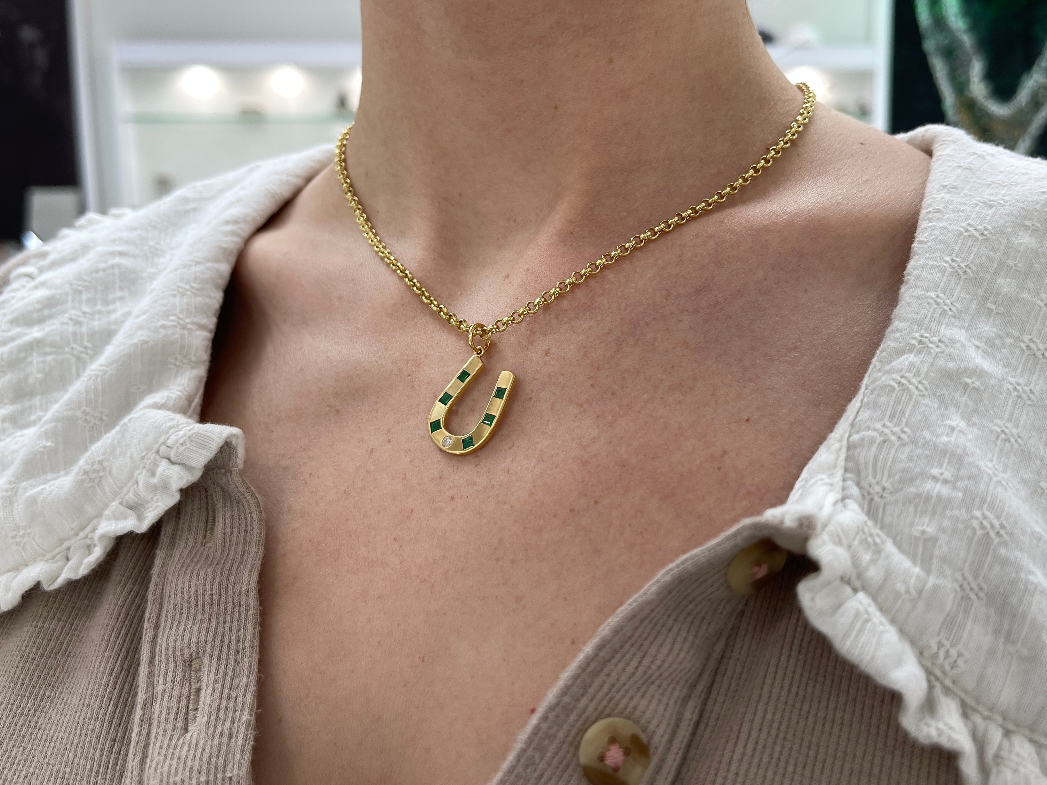 Brushed 14K Gold Emerald & Diamond Horseshoe Pendant - JR Colombian Emeralds