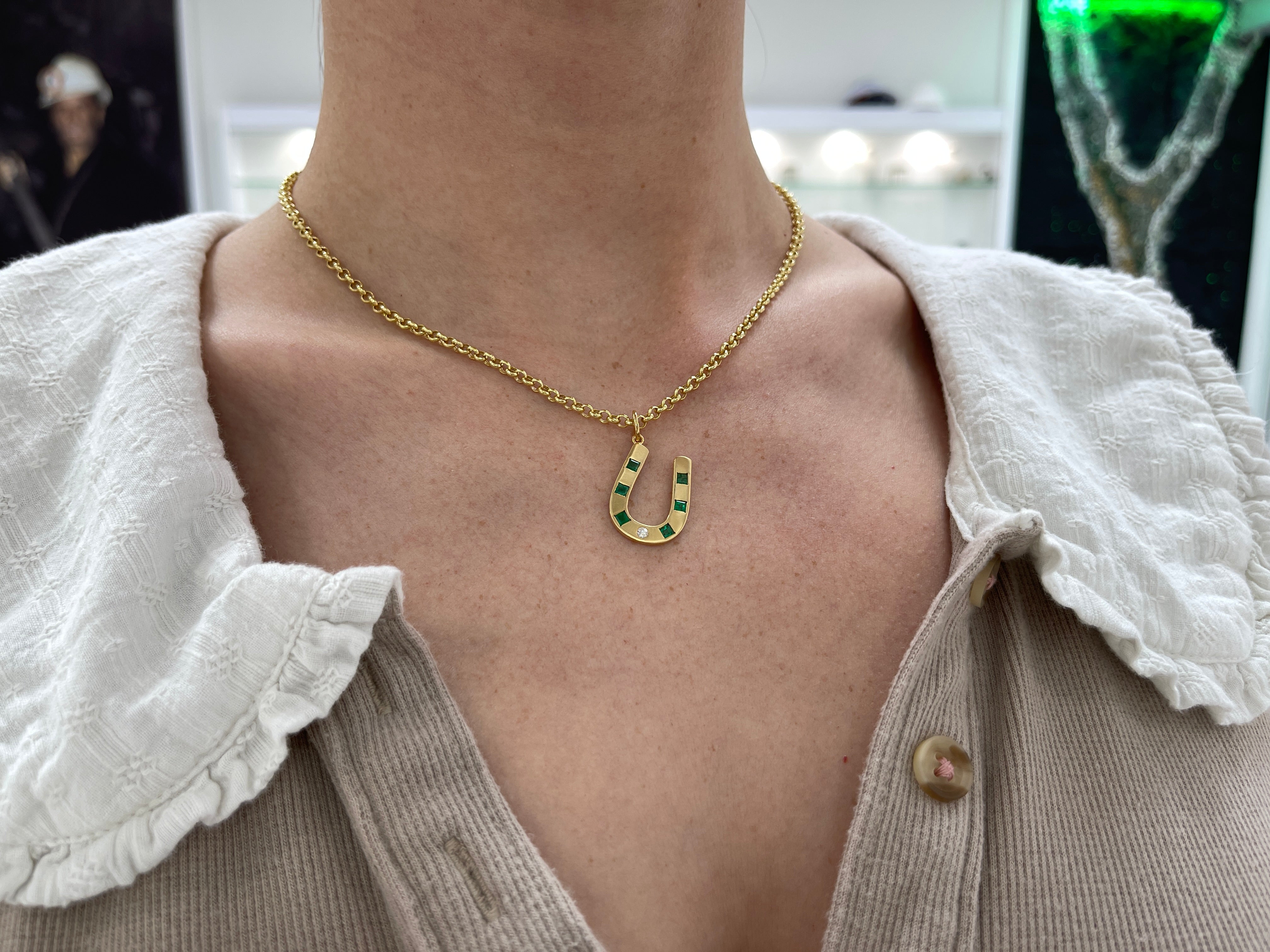 Brushed 14K Gold Emerald & Diamond Horseshoe Pendant - JR Colombian Emeralds