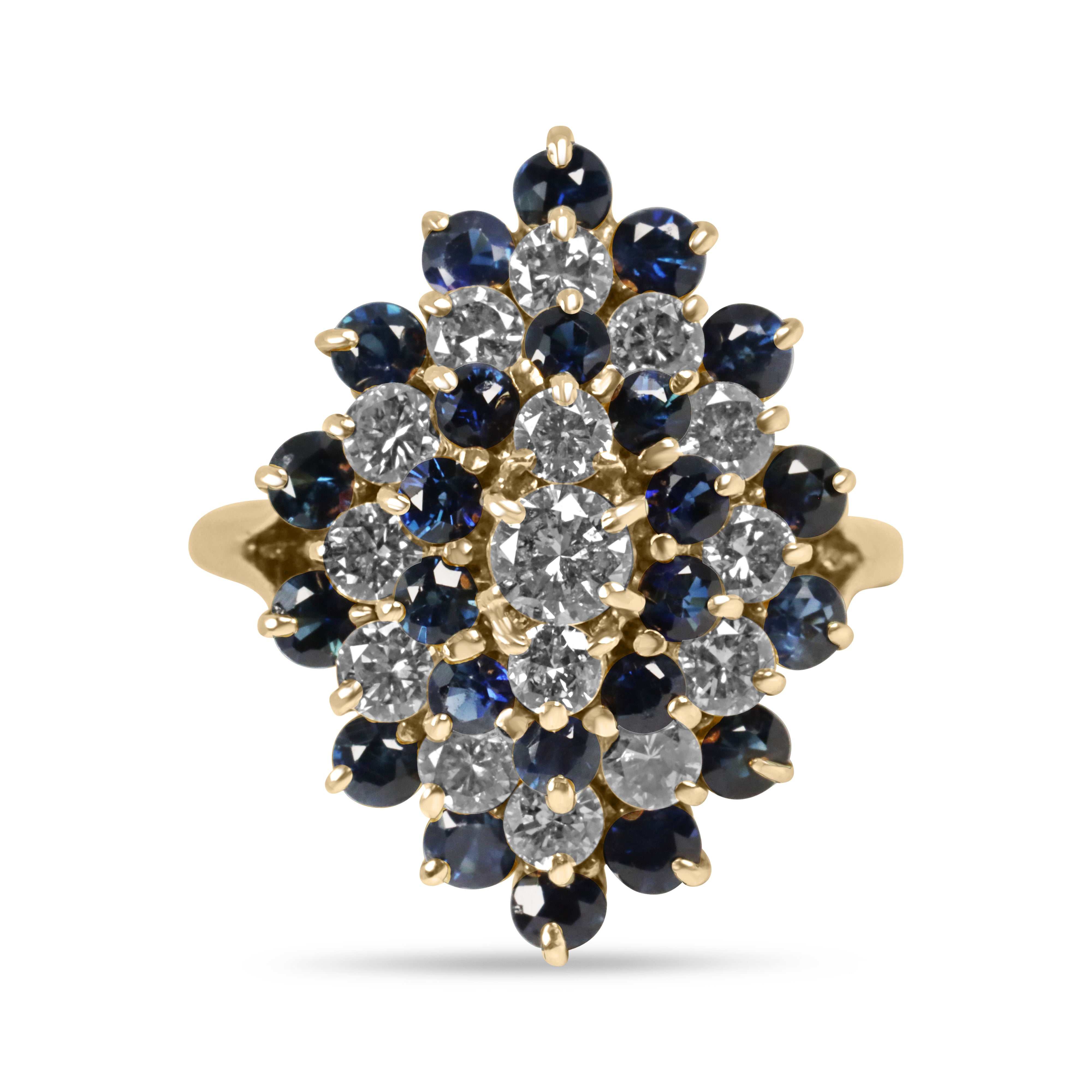 3.0tcw Blue Round Sapphire and Diamond Vintage Cluster Statement Ring in 14K yellow gold