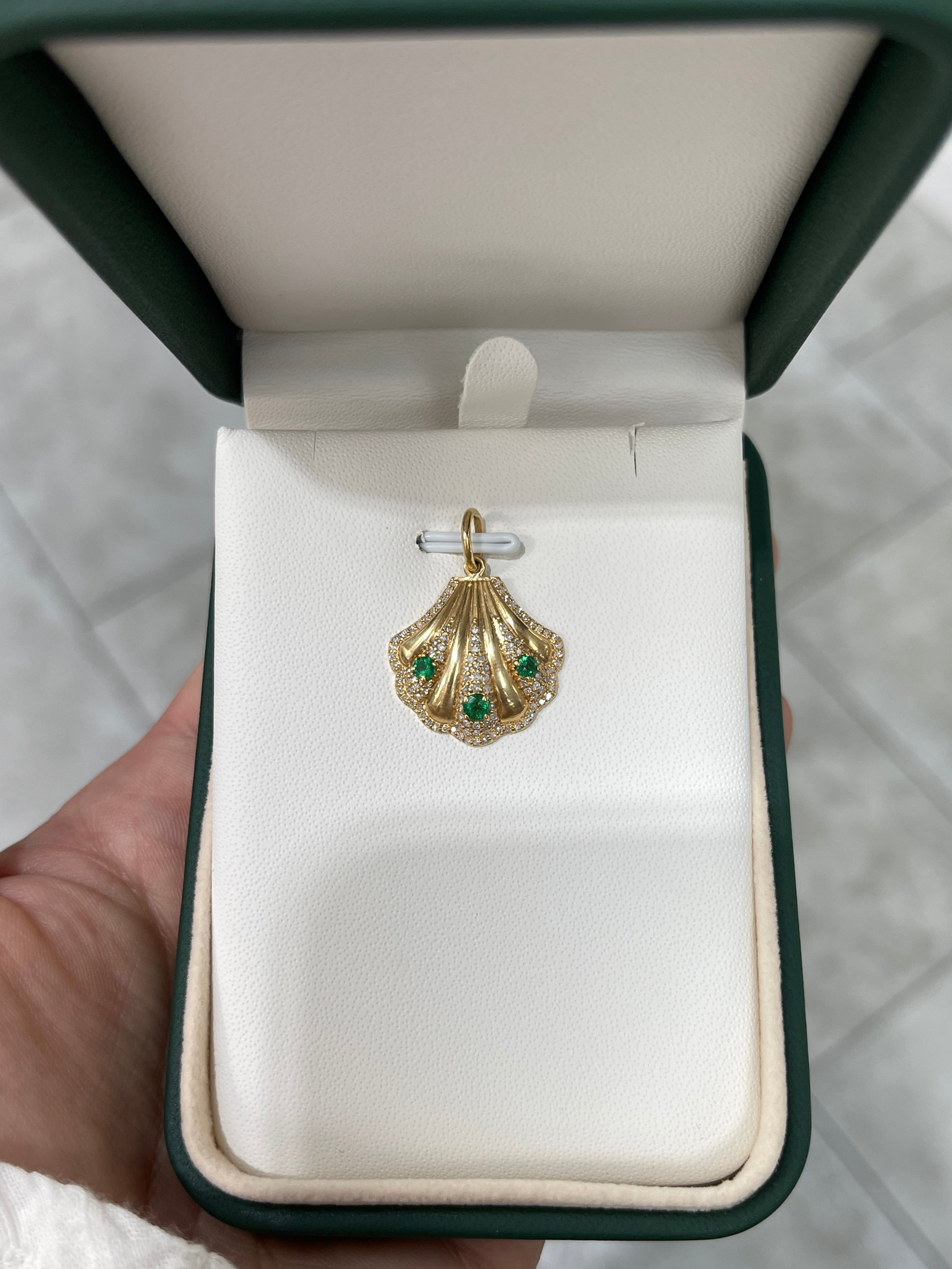 14K Gold Diamond & Emerald Seashell Pendant - JR Colombian Emeralds