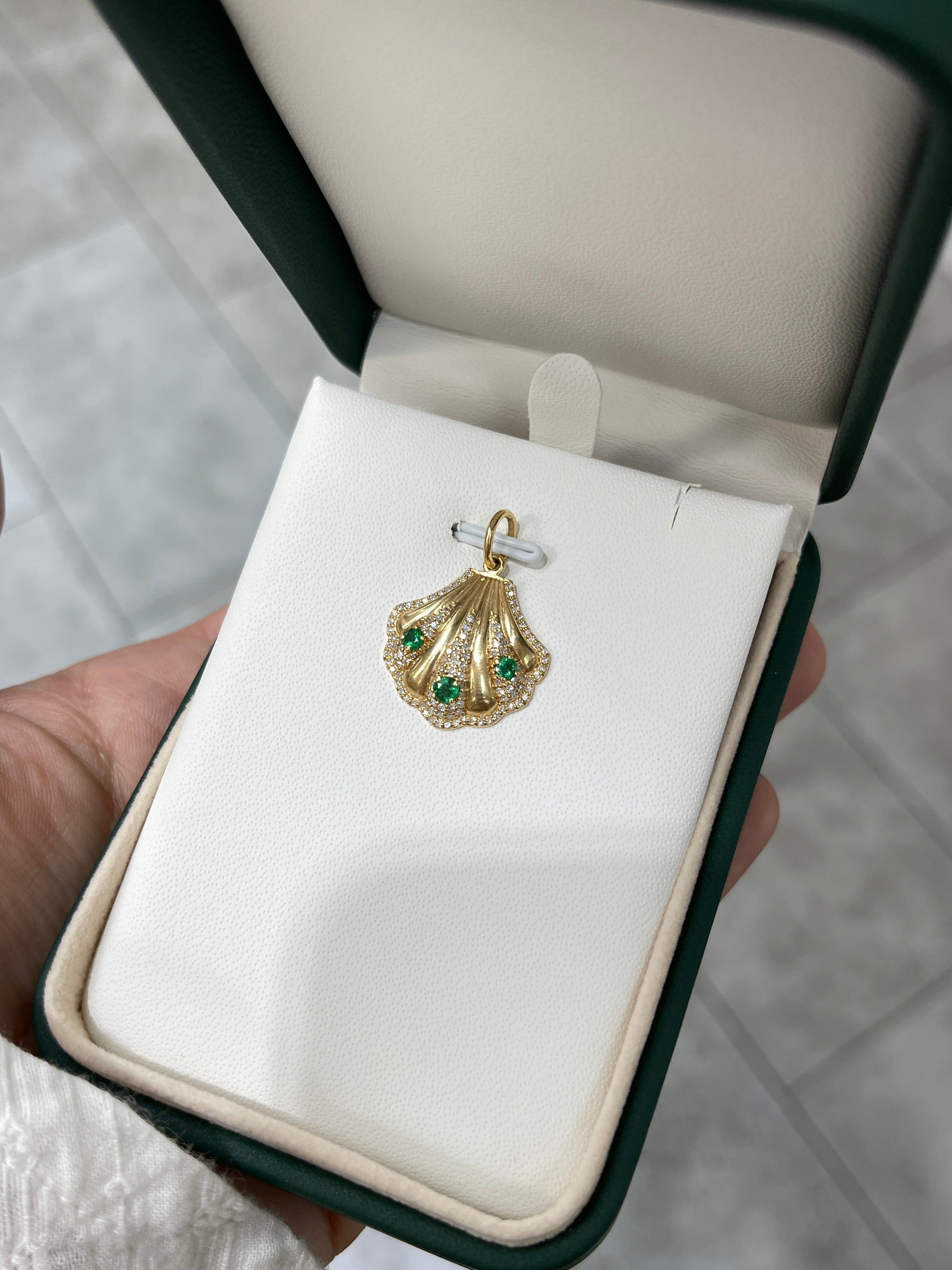 14K Gold Diamond & Emerald Seashell Pendant - JR Colombian Emeralds