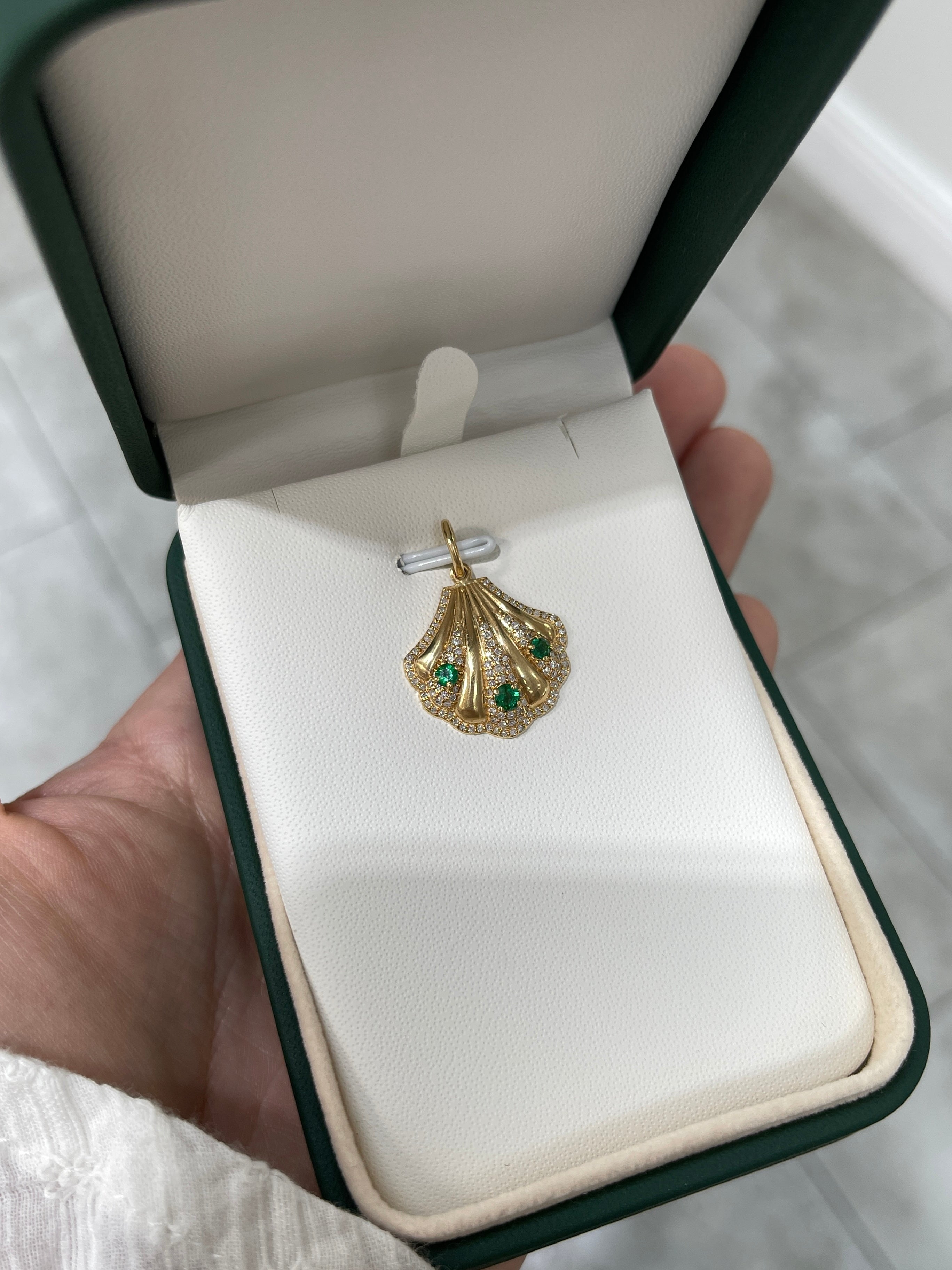 14K Gold Diamond & Emerald Seashell Pendant - JR Colombian Emeralds