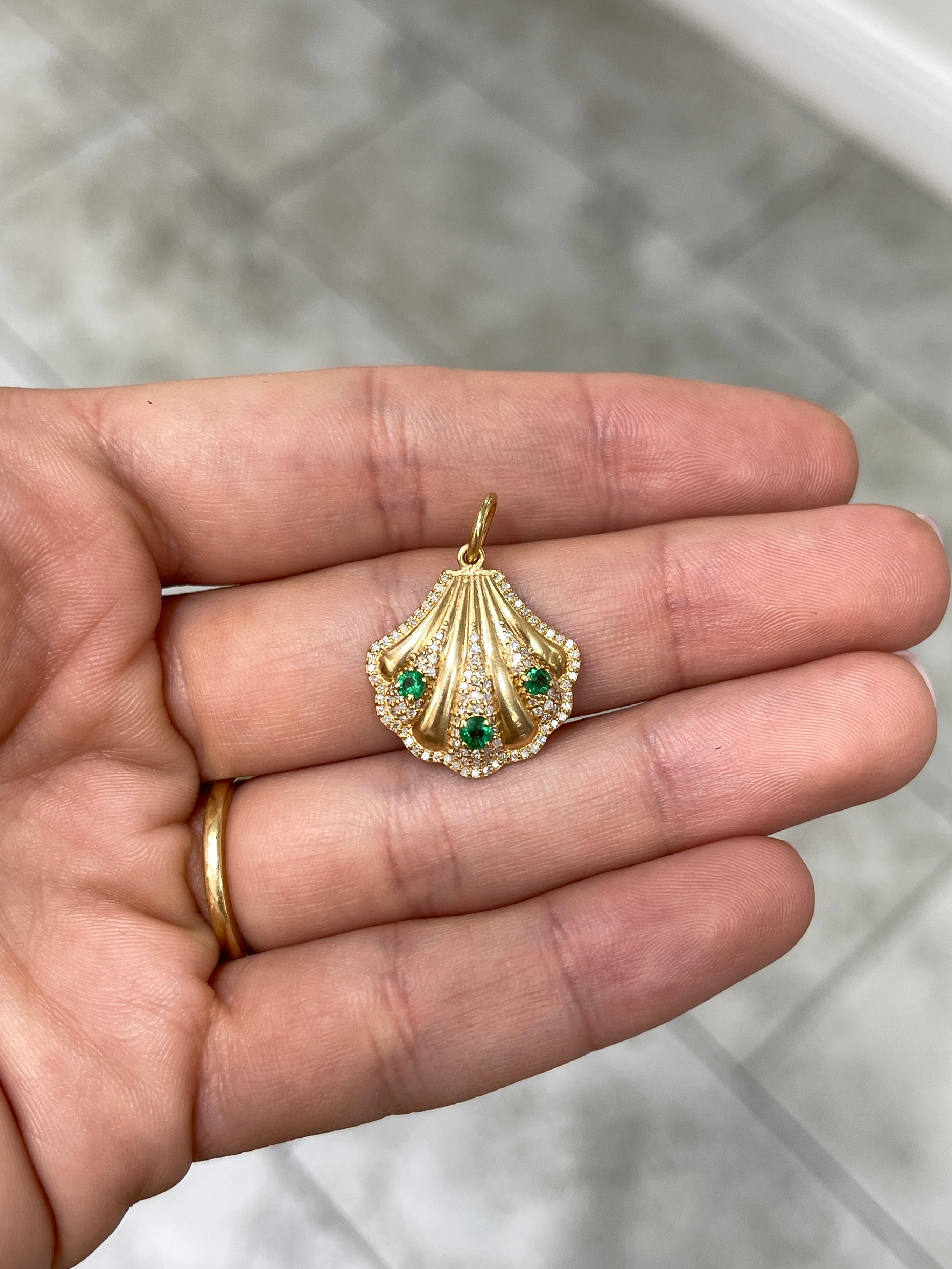 14K Gold Diamond & Emerald Seashell Pendant - JR Colombian Emeralds