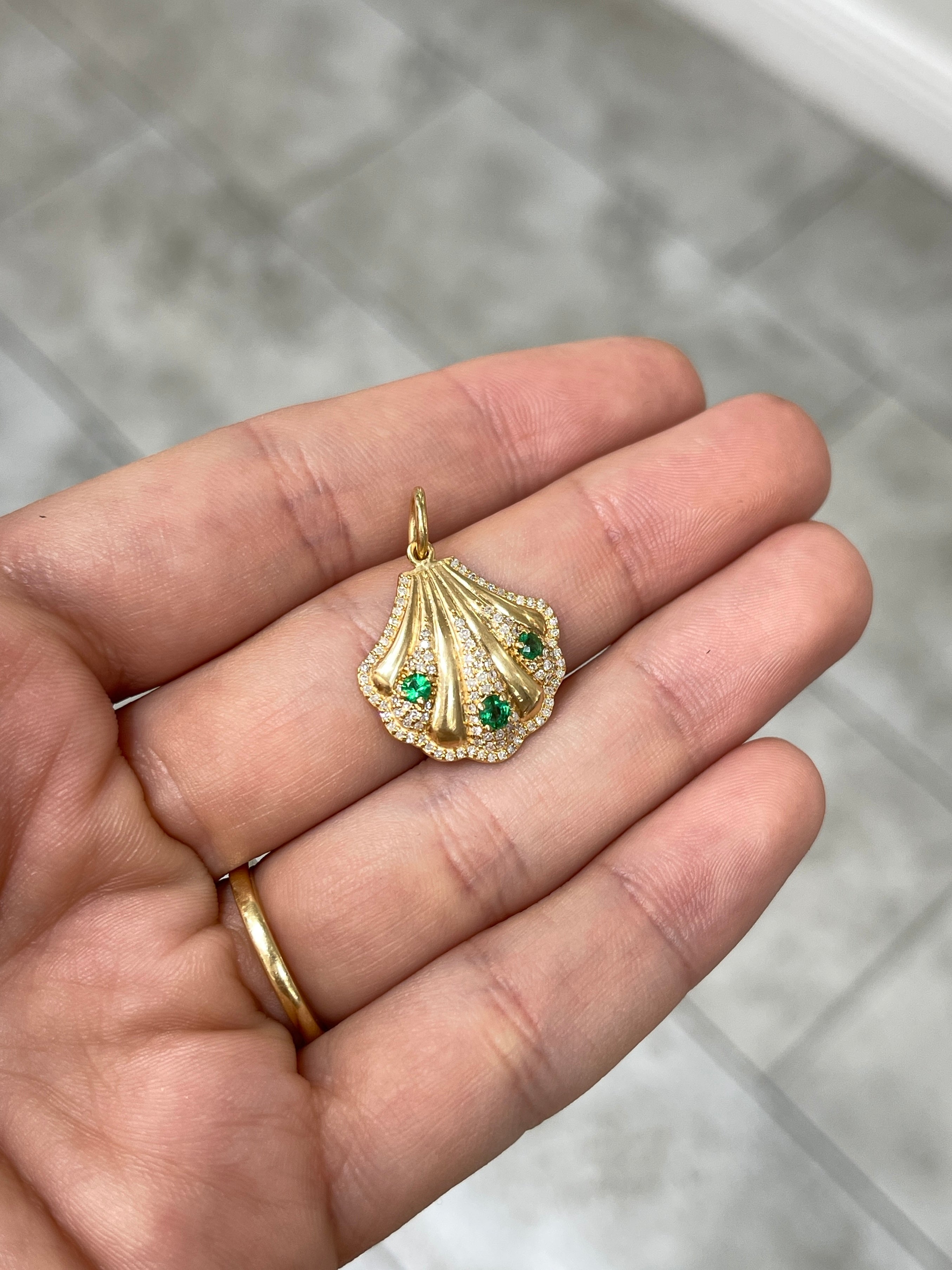 14K Gold Diamond & Emerald Seashell Pendant - JR Colombian Emeralds