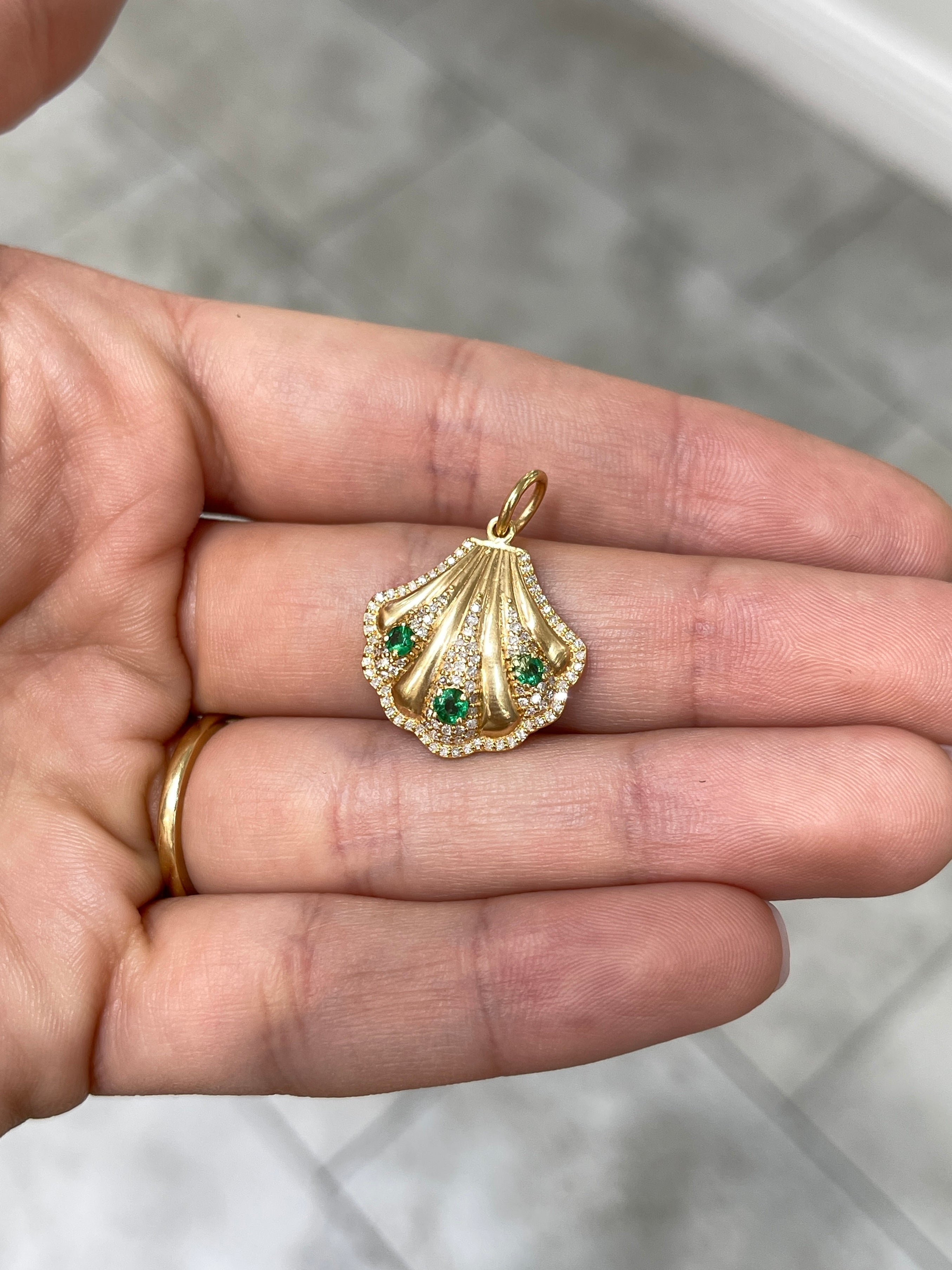 14K Gold Diamond & Emerald Seashell Pendant - JR Colombian Emeralds