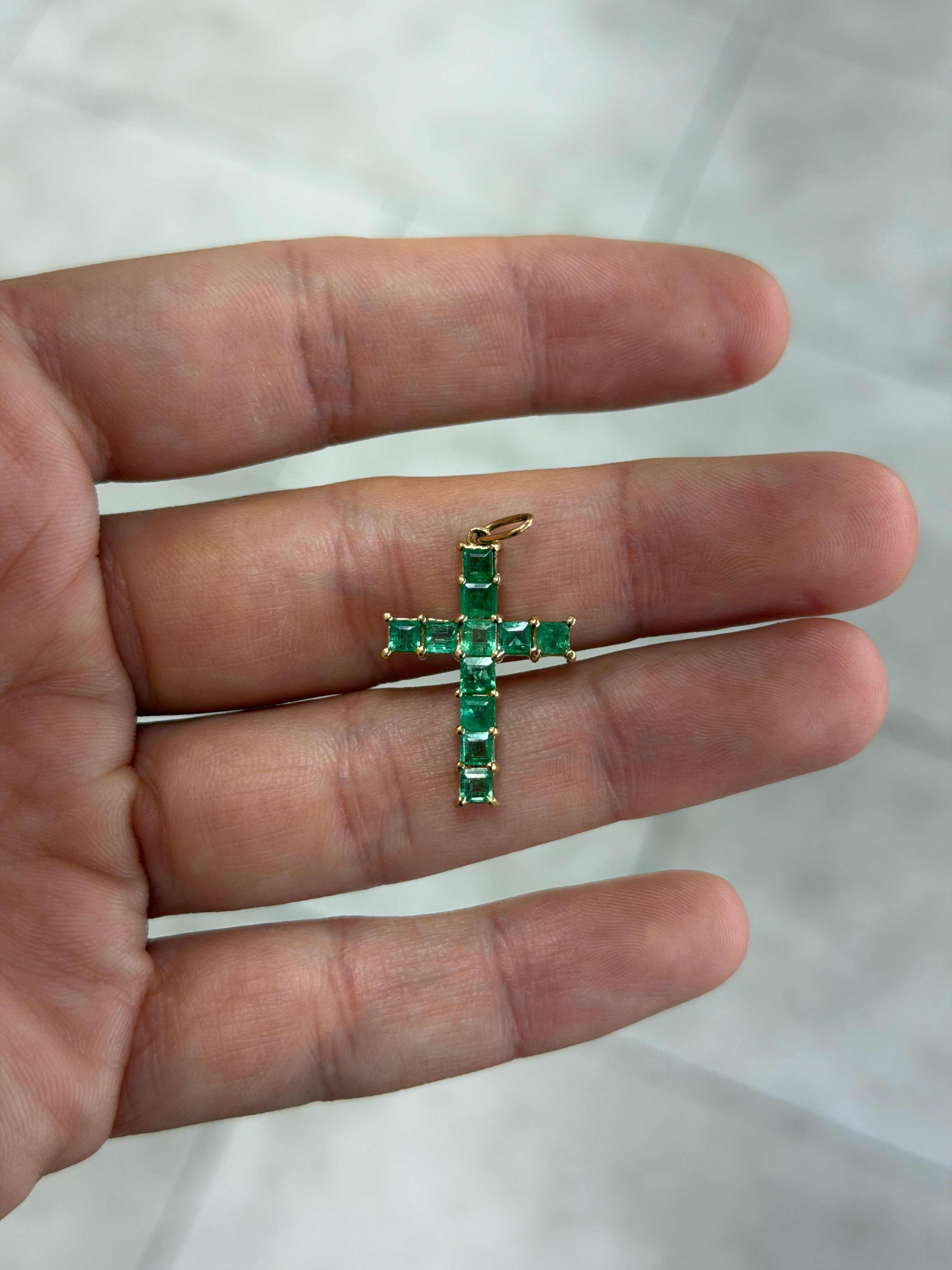 2.20 Carat Natural Princess Cut Emerald Cross Pendant Shiny Necklace - JR Colombian Emeralds