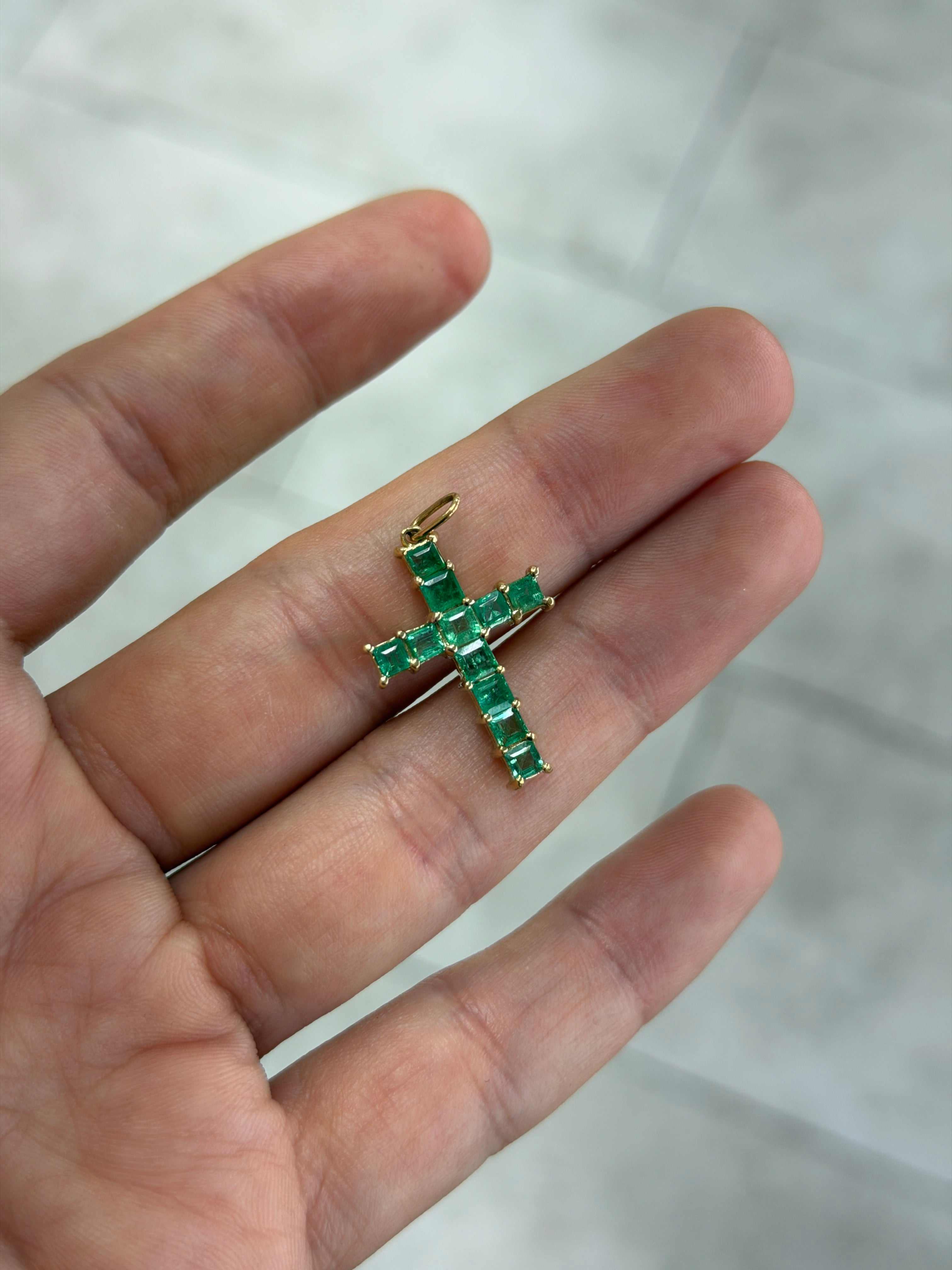 2.20 Carat Natural Princess Cut Emerald Cross Pendant Shiny Necklace - JR Colombian Emeralds
