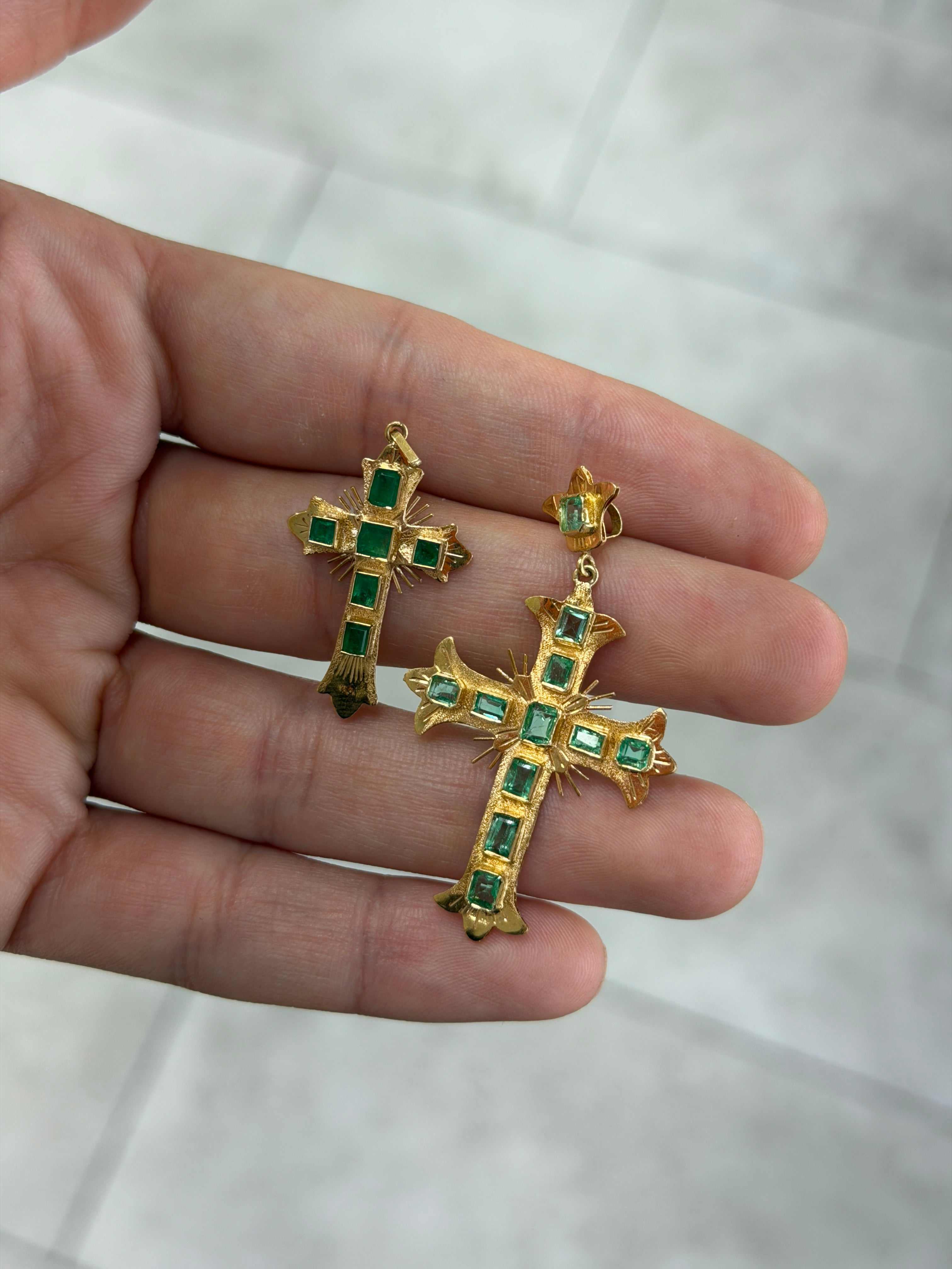 Pre Columbian Inspired 18K Colombian Emerald Crosses - JR Colombian Emeralds