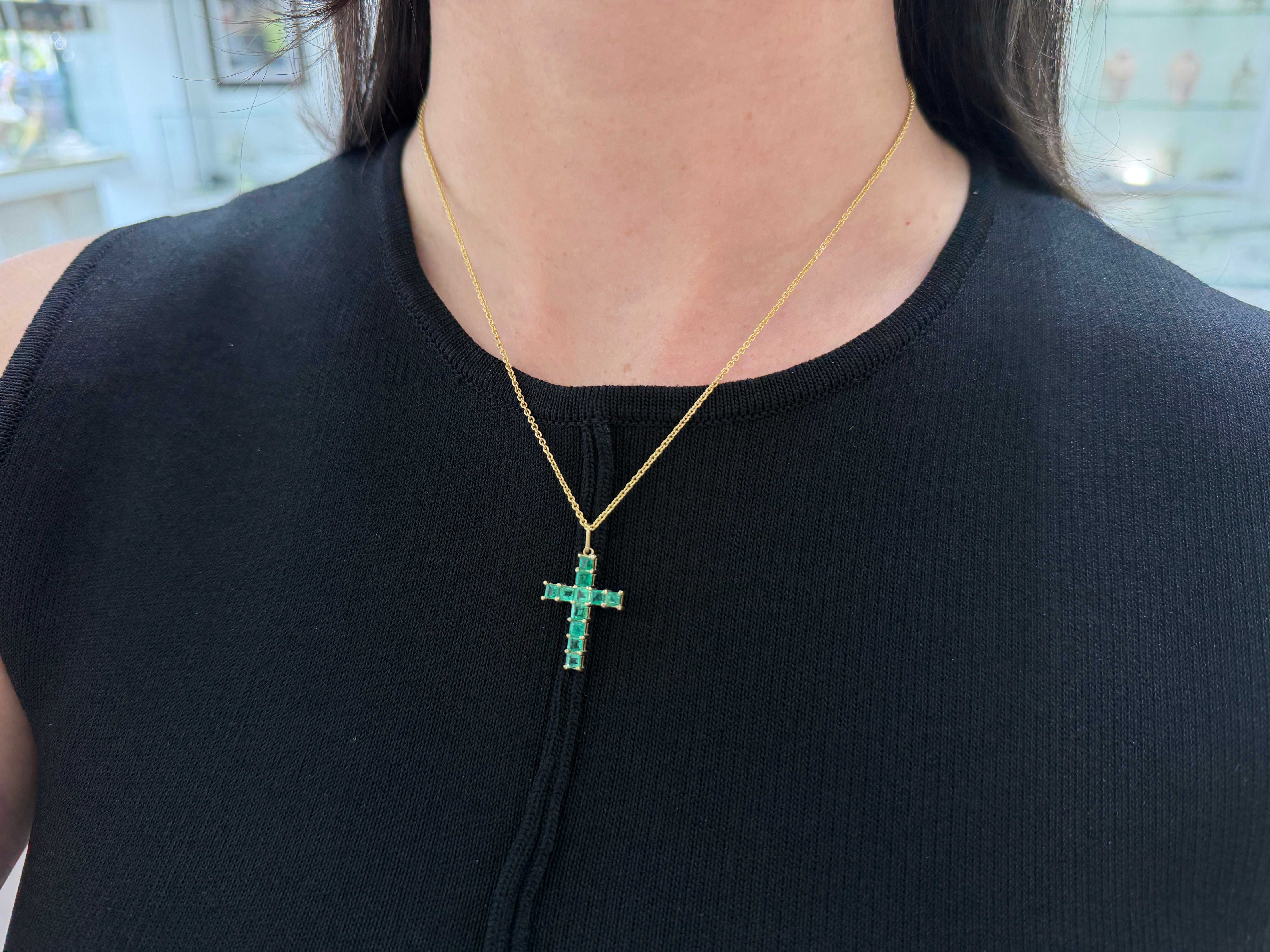 2.20 Carat Natural Princess Cut Emerald Cross Pendant Shiny Necklace - JR Colombian Emeralds
