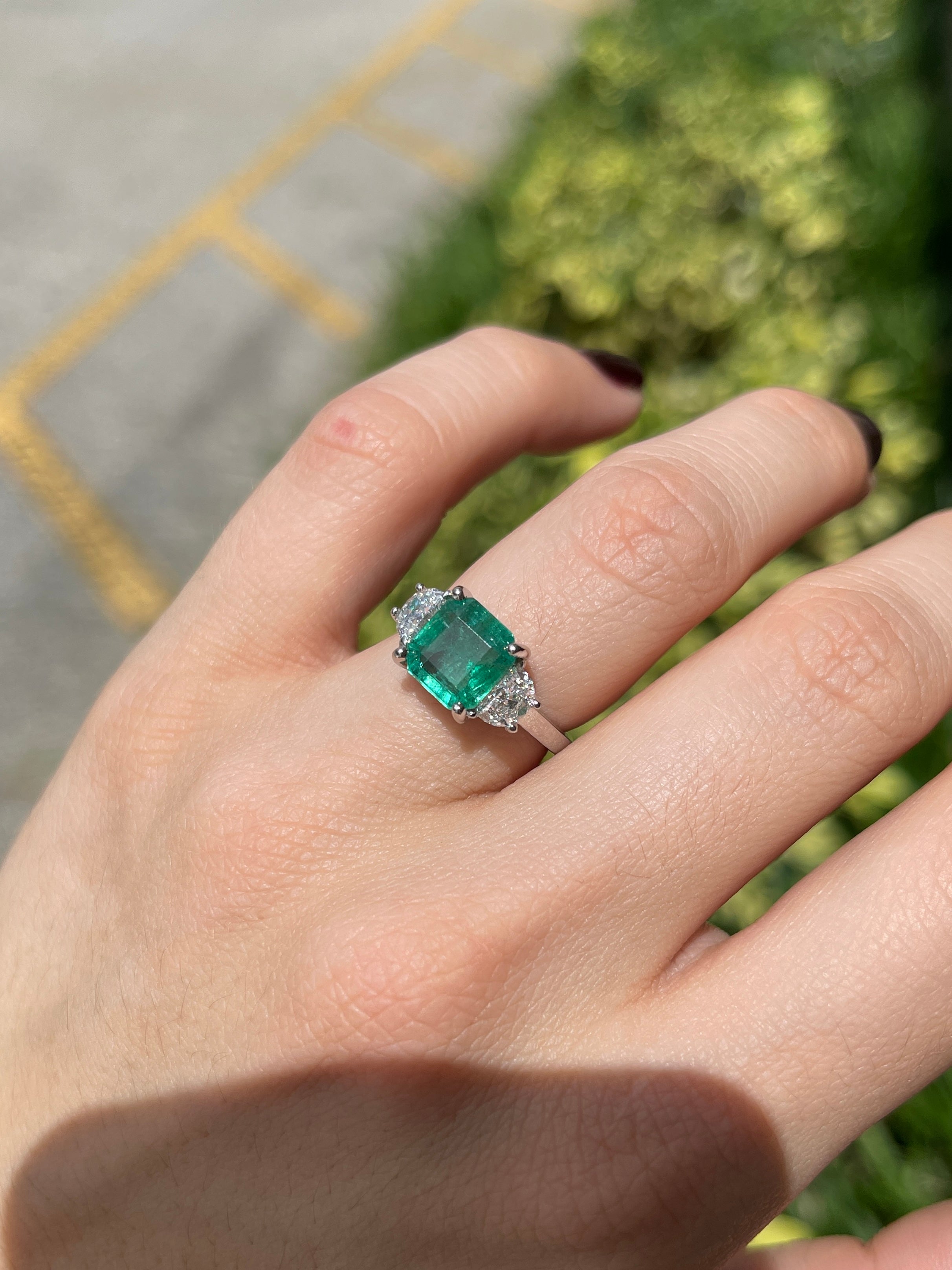 3.25tcw Natural Emerald & Lab Half Moon Diamond 14K Three Stone Ring White Gold - JR Colombian Emeralds